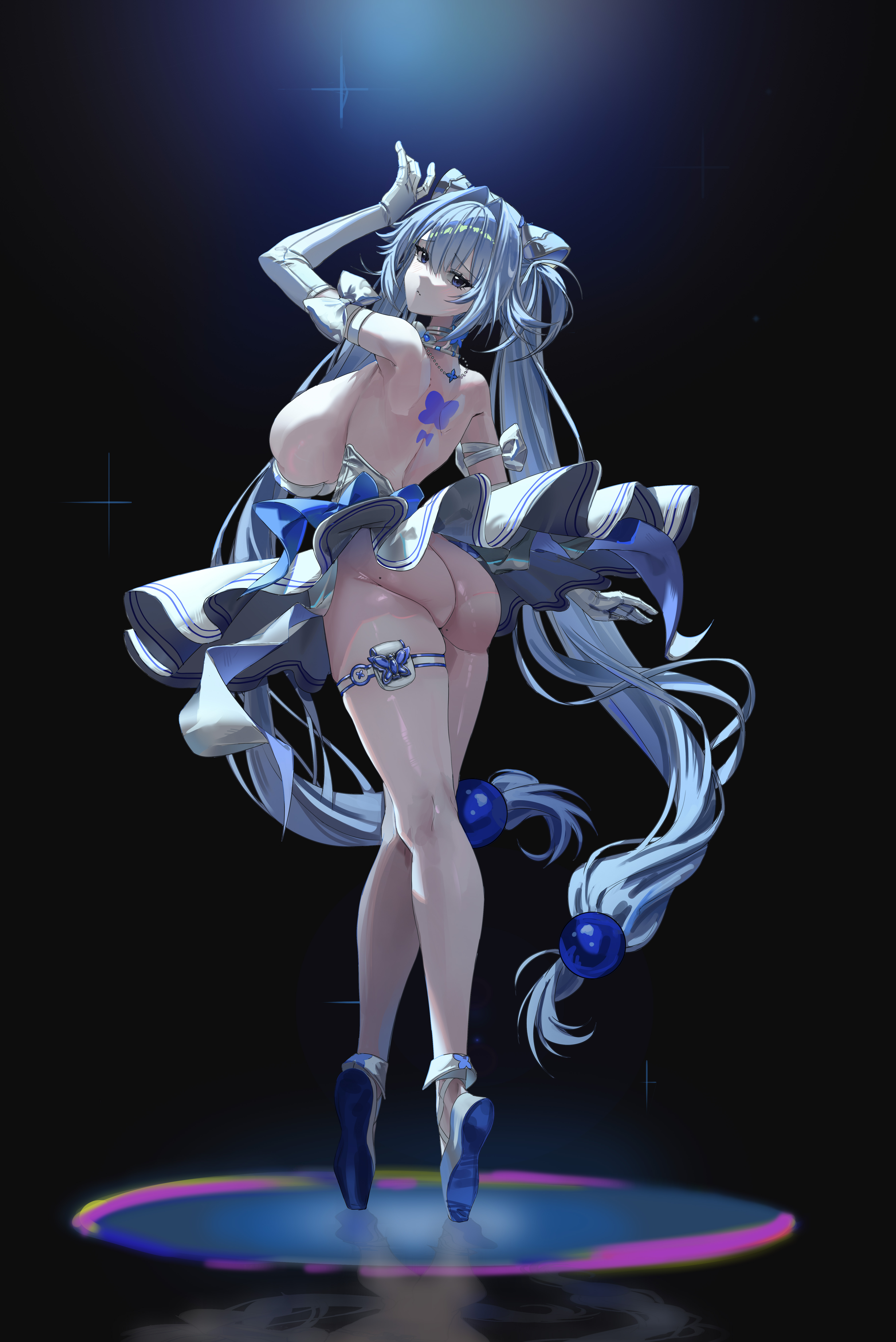 1girls, absurdres, ass, ballet, ballet slippers, blue eyes, blue hair, breasts, dancer, disgustingtokki, elbow gloves, en pointe, female, full body, gloves, goddess of victory: nikke, gretel (nikke), highres, huge ass, huge breasts, large breasts, long hair, looking at viewer, looking back, mole, mole on ass, no panties, pouch, sideboob, skindentation, solo, thick thighs, thigh pouch, thigh strap, thighs, tiptoes, very long hair, white gloves