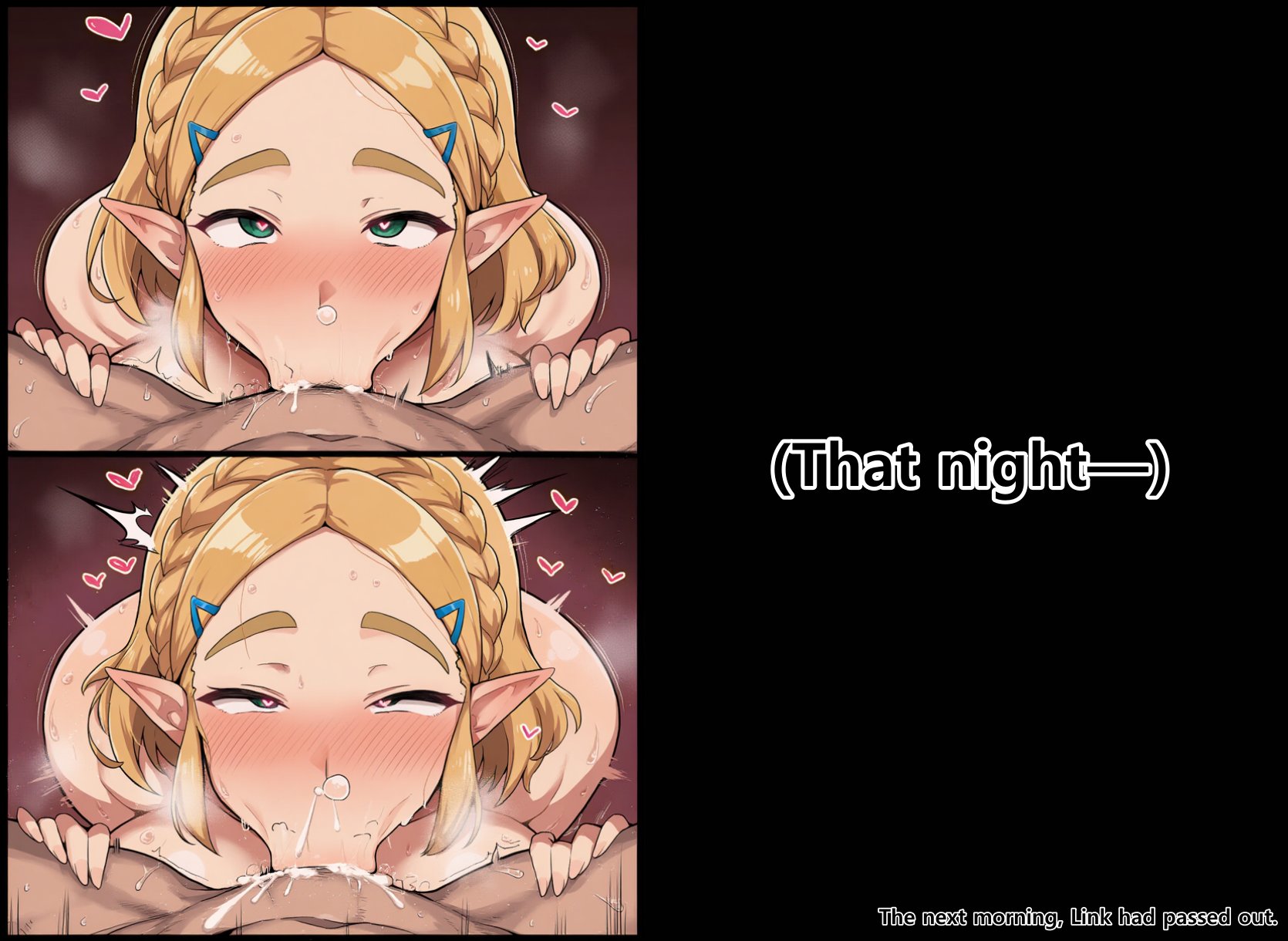 1boy, 1girls, ai generated, blonde hair, blowjob, blush, braid, comic, cum, cum down throat, cum in mouth, cum in throat, cum out nose, deepthroat, deepthroat holder, elf, eye contact, facial, fellatio, female, hairclip, heart, imminent throatpie, looking at viewer, male, meanitwas333331, oral, oral sex, penis, pleasure face, pointy ears, pov, princess zelda, straight, sweat, tears of the kingdom, the legend of zelda, throatpie, v, zelda (tears of the kingdom)