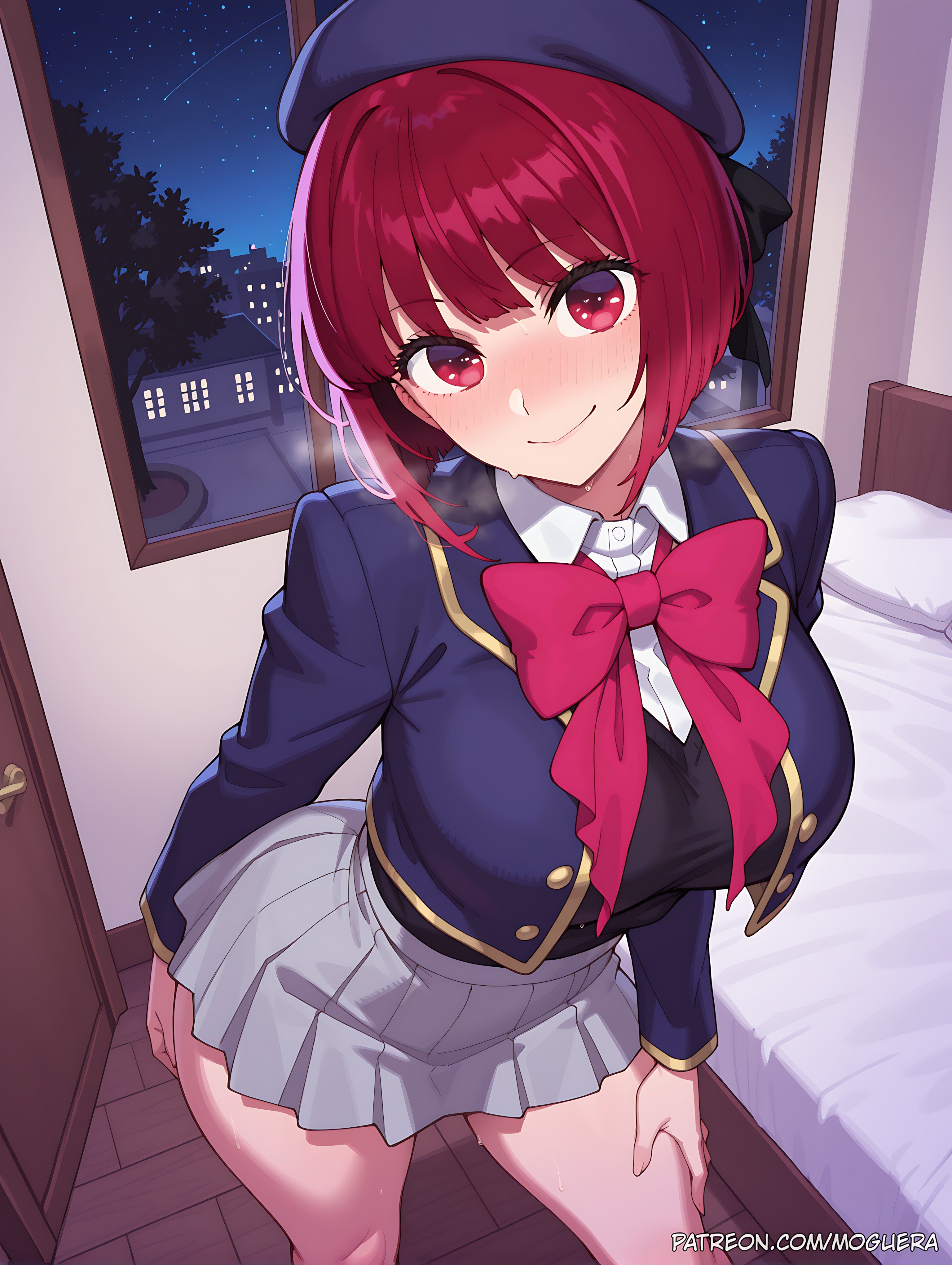 1girls, ai, ai art, ai generated, arima kana, bangs, bent over, blush, bow, breasts, closed mouth, clothed, clothed female, clothing, eyebrows visible through hair, female, female only, hat, heart, hips, huge breasts, human, human female, indoors, leaning forward, light skin, light-skinned female, looking at viewer, moguera, night, night sky, oshi no ko, pleated skirt, red eyes, red hair, school uniform, short hair, skirt, sky, smile, solo, solo female, standing, star (sky), starry sky, symbol-shaped pupils, thick thighs, thighs
