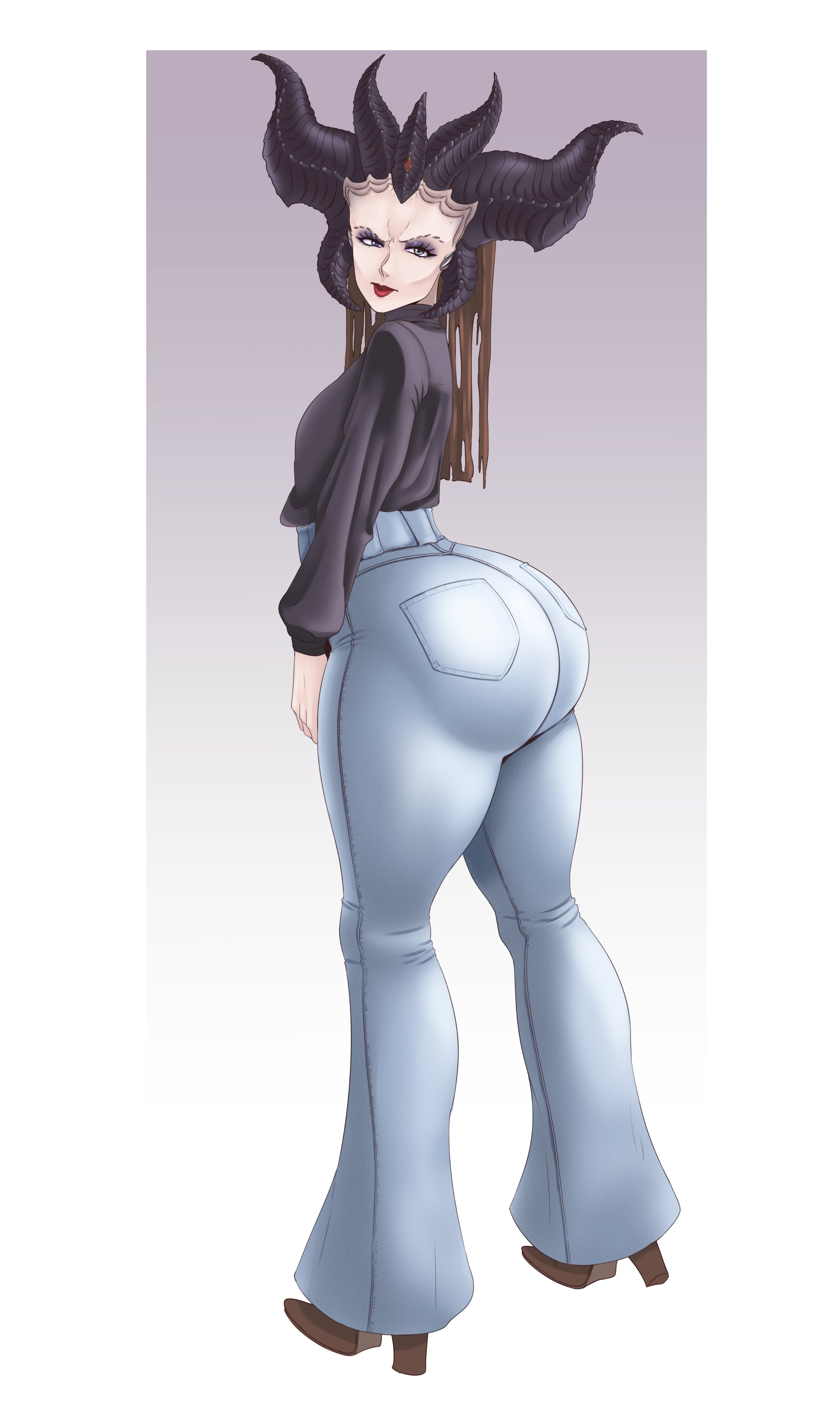 1girls, absurdres, ass, bellbottoms, big ass, demon, denim, diablo, female, female only, highres, jeans, lilith (diablo), looking at viewer, looking back, milf, solo, succubus, succubus queen, sunnysundown