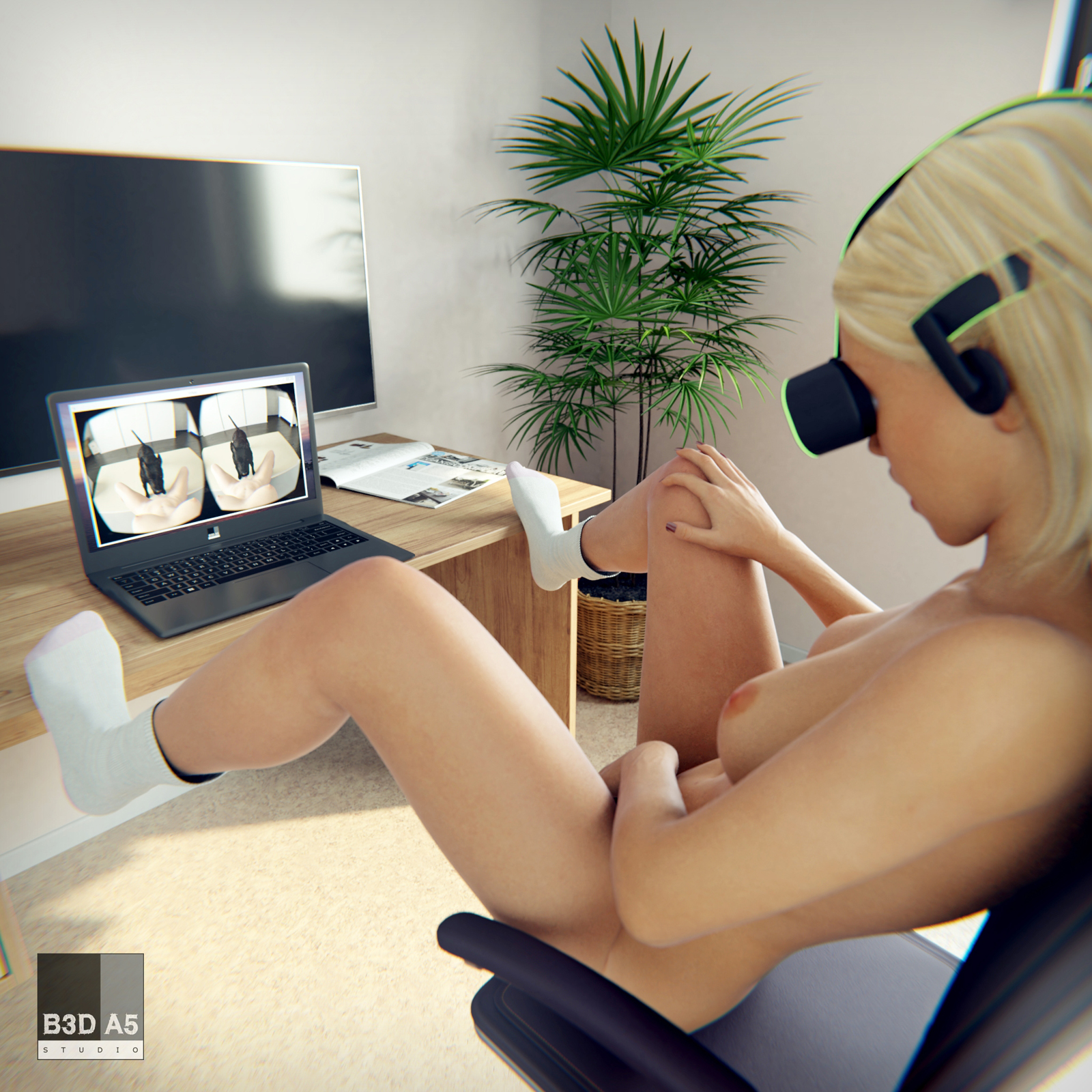 1animal, 1girls, 3d, beast-3d, blonde hair, breasts, canine, computer, cunnilingus, electronics, eyewear, female, female masturbation, footwear, human, indoors, laptop, on chair, open mouth, pale skin, socks, solo focus, spread legs, vr headset, zoophilia
