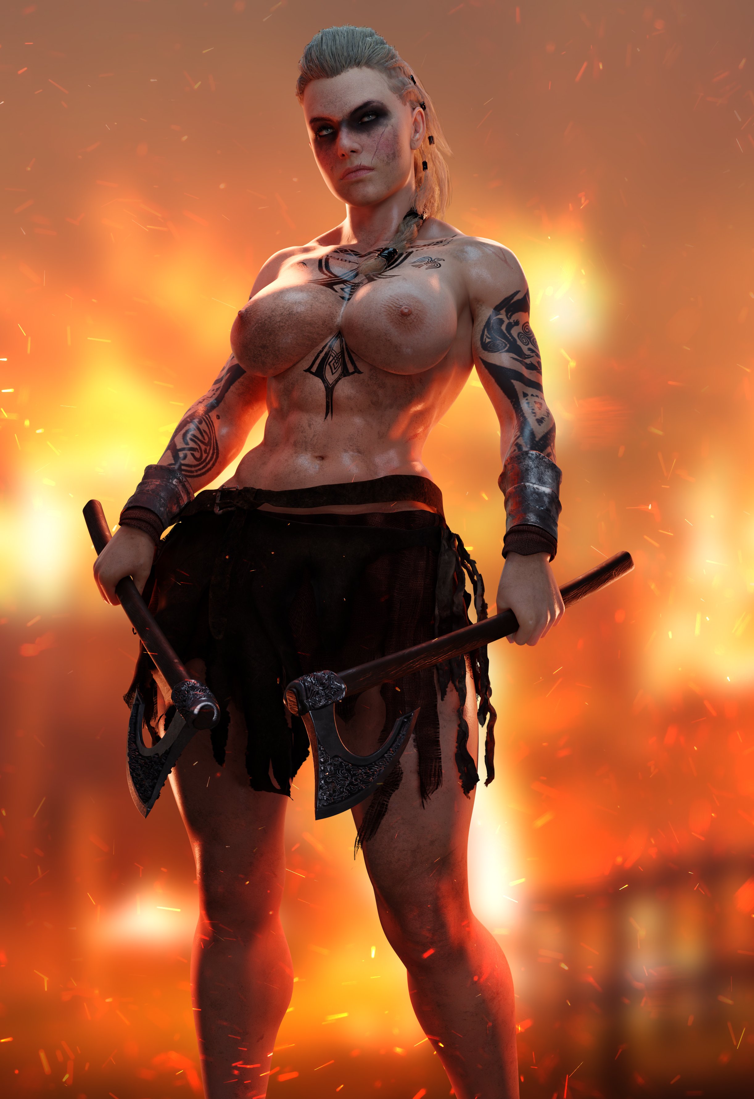 1girls, 3d, abs, areolae, assassin's creed (series), assassin's creed valhalla, batesz, big breasts, blender, breasts, dirty, eivor varinsdottir, female, female only, female protagonist, large breasts, muscles, muscular, muscular female, nipples, scar, solo, solo female, tattoo, weapon