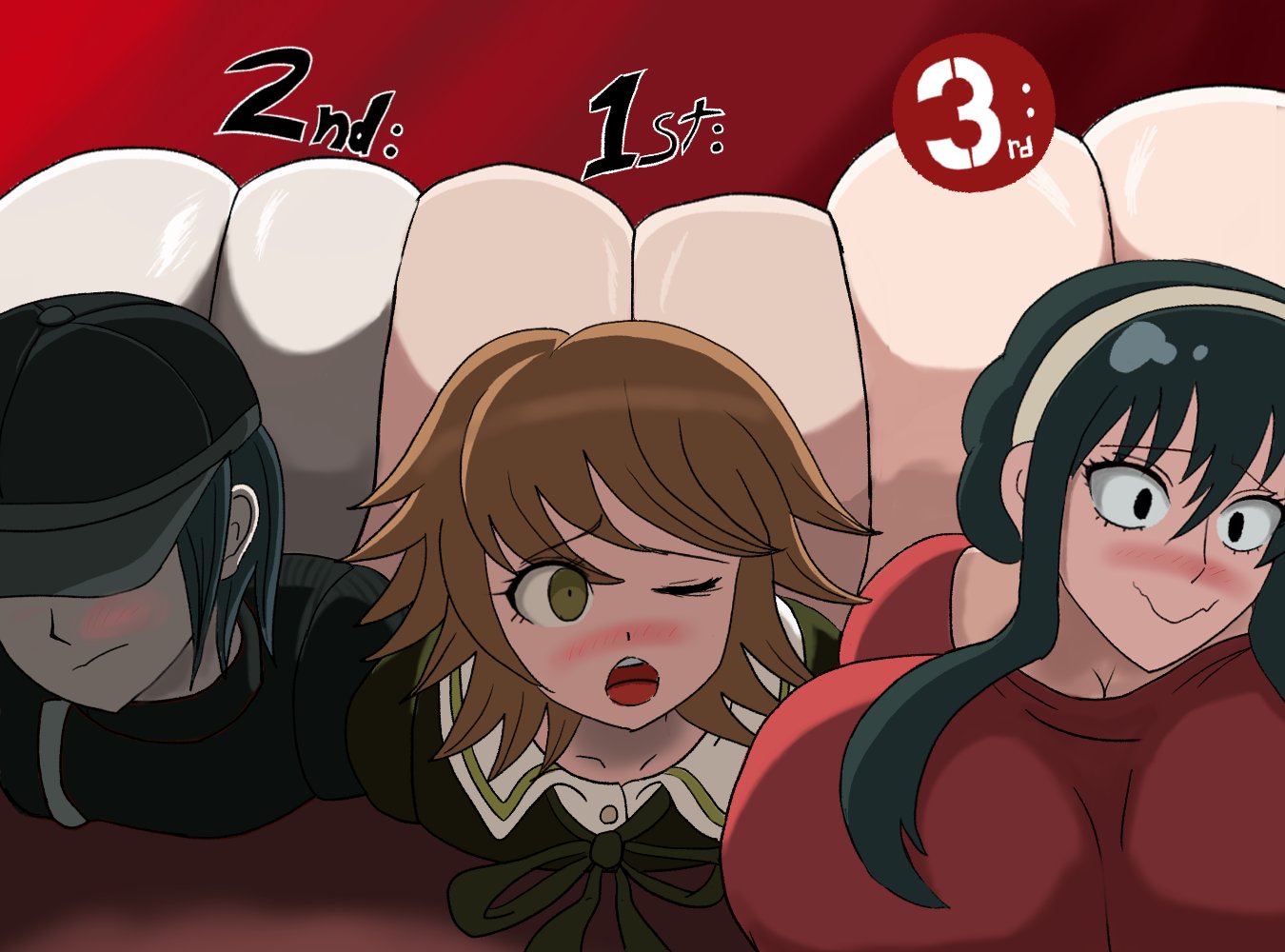 1girls, 2boys, 2femboys, alt3r eg0, big ass, breasts, clothed, danganronpa, danganronpa v3, danganronpa: trigger happy havoc, embarrassed, female, femboy, fujisaki chihiro, half naked, huge ass, huge breasts, male, poll winner, saihara shuuichi, spy x family, thick ass, yor briar, yor forger