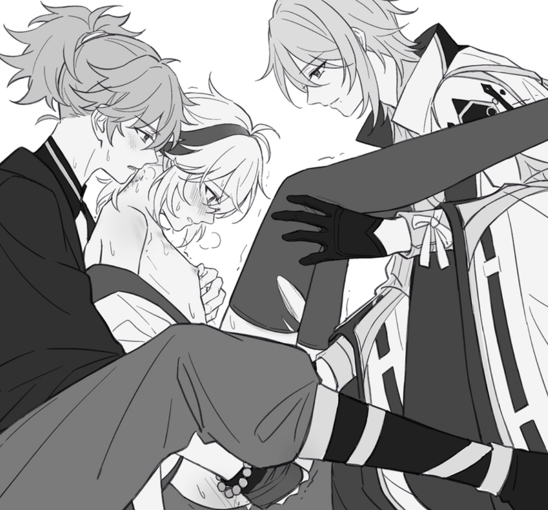 3boys, bite mark, blush, gay, genshin impact, kaedehara kazuha, kamisato ayato, male, male only, purple eyes, thighhighs, tomo (genshin impact), yaoi, yuzuuuuu57 (artist)