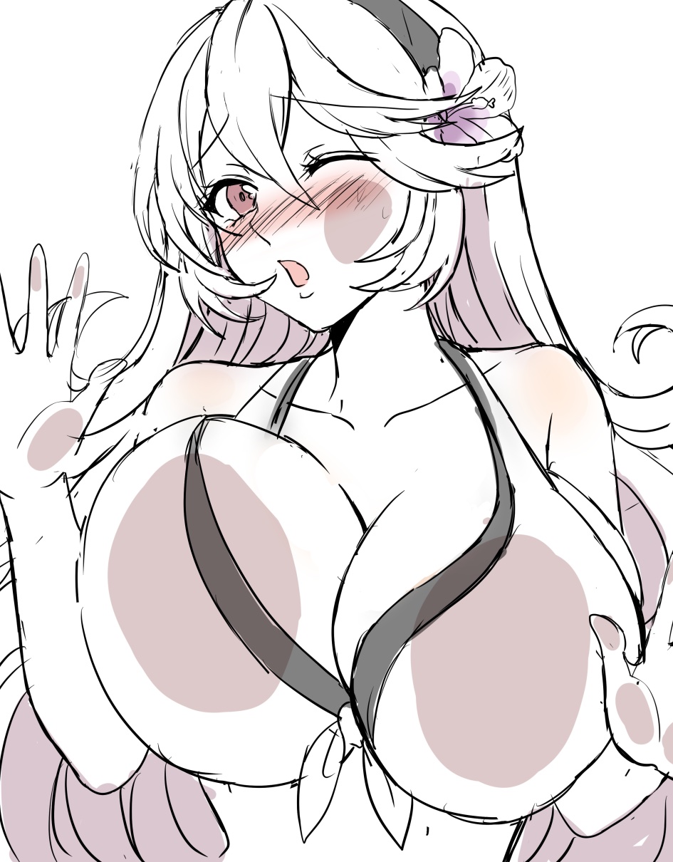 1girls, against glass, against wall, bikini, black and white, blush, breasts, corrin (fire emblem), corrin (fire emblem) (female), dragon girl, female, female only, fire emblem, fire emblem fates, fringe, goma tarata, hi res, huge breasts, intelligent systems, looking at viewer, nintendo, one eye closed, open mouth, princess, red eyes, solo, white background, white hair, young