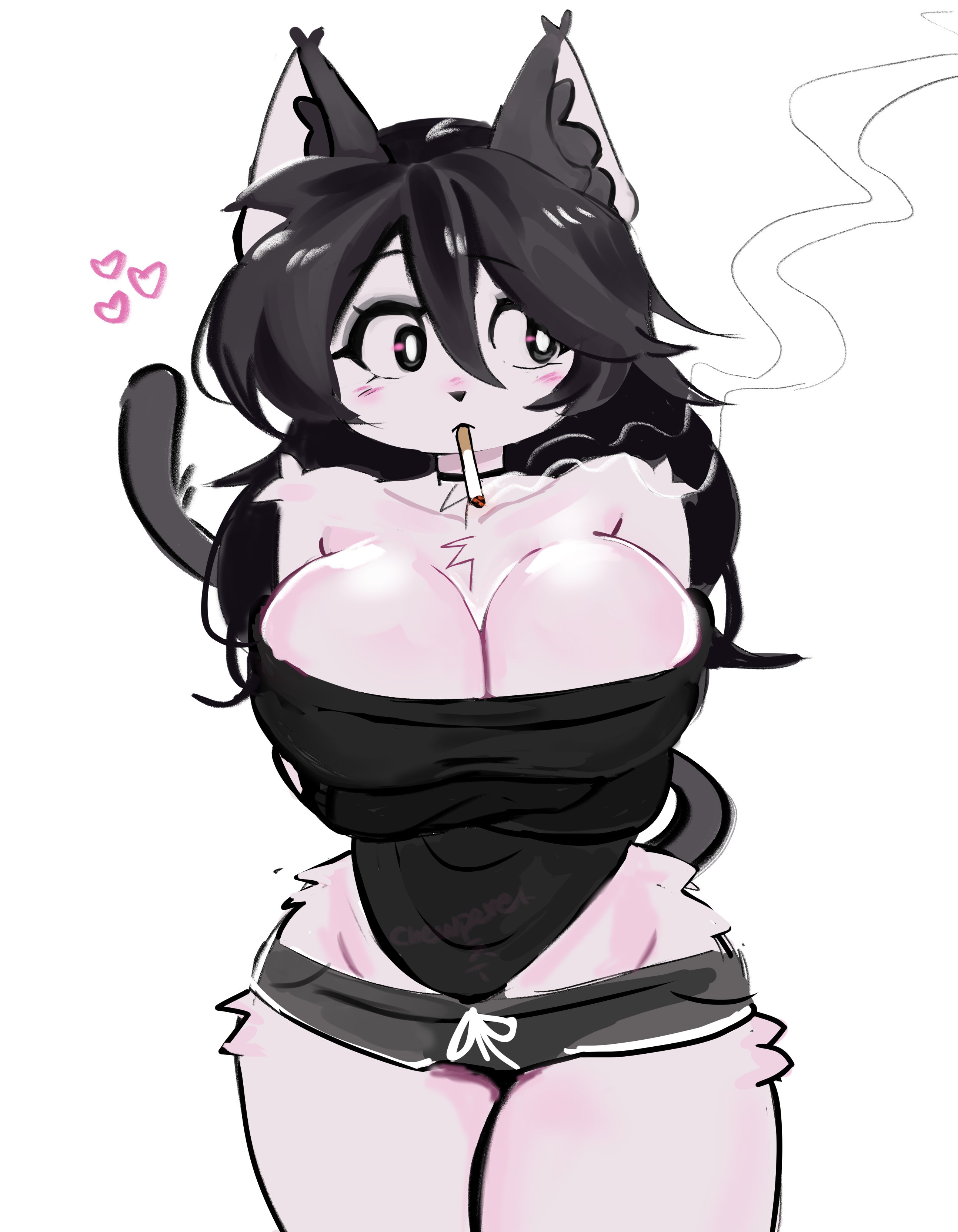anthro, breasts, chewperet, cleavage, exposed shoulders, female, furry, furry female, mako (makonekko), off shoulder sweater, original, smoking cigarette, someone else's oc, tagme