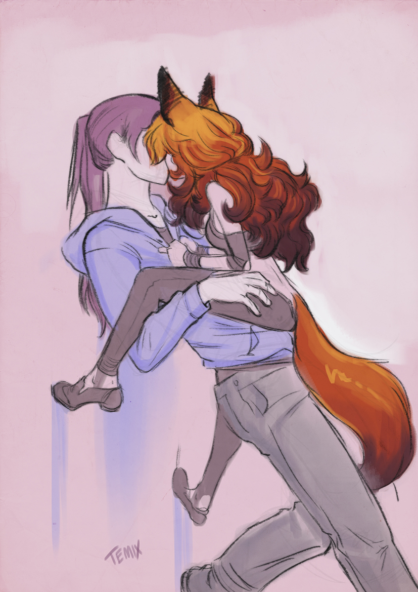 cute fox_ears fox_girl fox_tail holding size_difference straight temix temixart yuri