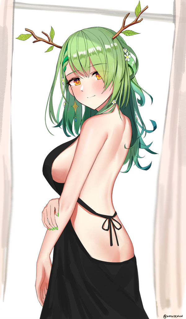 1girls bare_shoulders beauty_mark black_dress ceres_fauna dress earring exposed_back flowers_in_hair green_hair green_nails hololive hololive_english hololive_english_-council- hololive_english_-promise- horns kotodekun looking_at_viewer looking_back nail_polish sideboob virtual_youtuber yellow_eyes