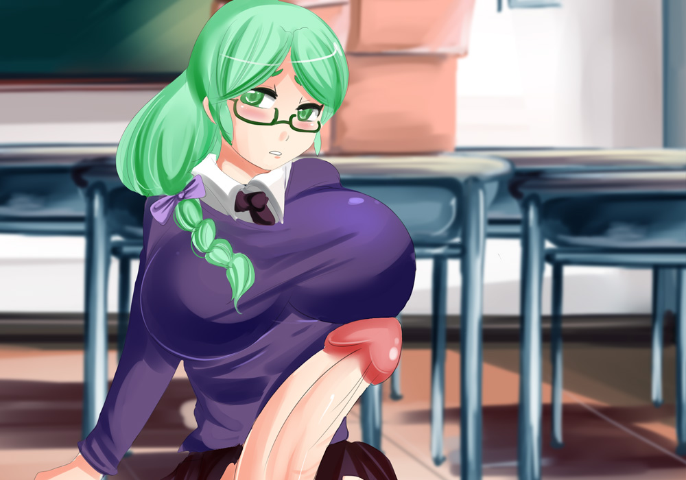 1futa big_breasts big_penis breasts classroom clothed clothing erection fully_clothed futa_only futanari game_cg glasses green_eyes green_hair huge_breasts human large_breasts large_penis light-skinned_futanari light_skin looking_at_viewer misaki_(plum_tea) penis plum_tea saintxtail school school_uniform schoolgirl sitting skirt solo