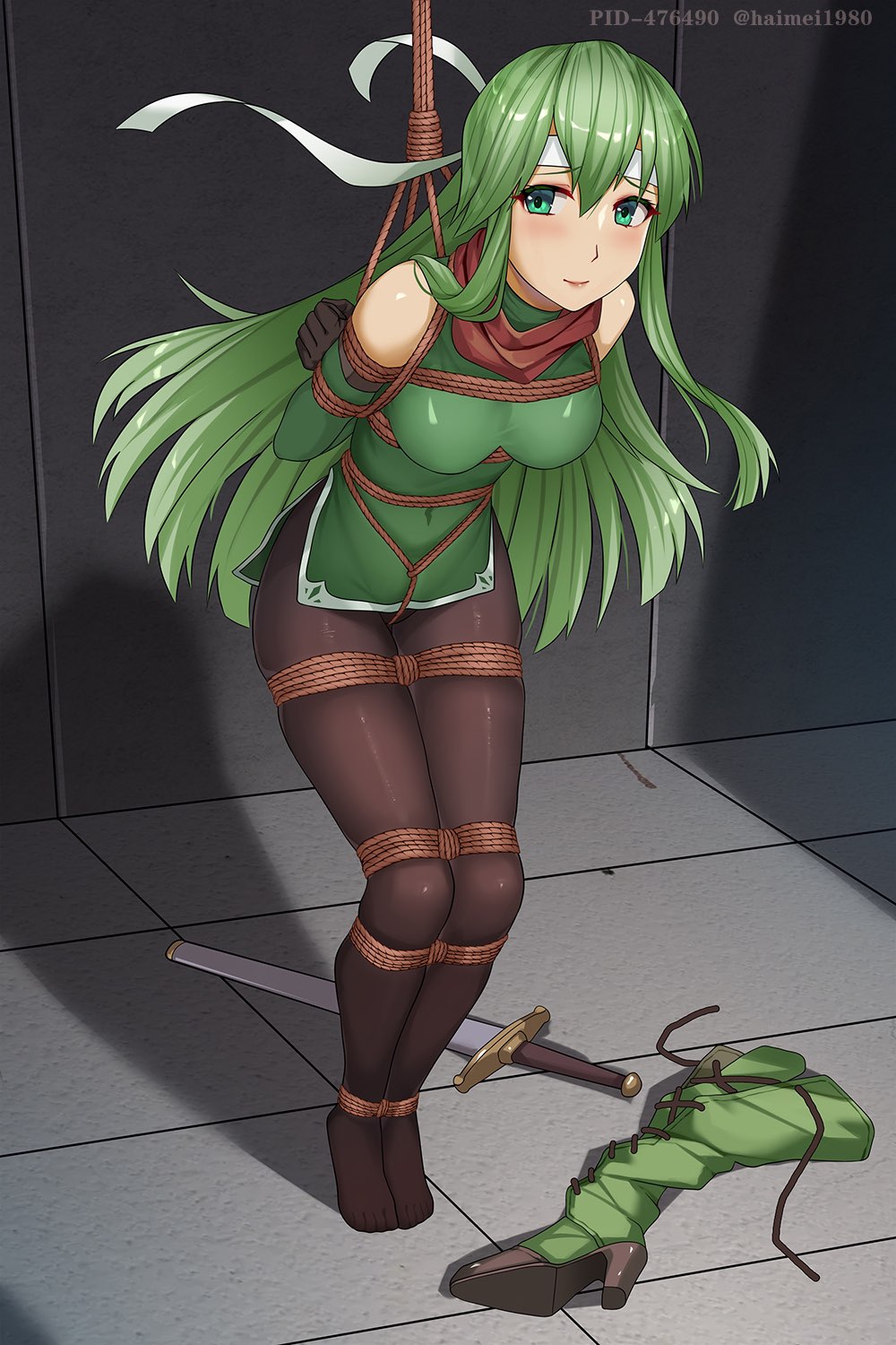 bdsm black_thighhighs bondage boots bound crotch_rope female female_only femsub fire_emblem fire_emblem:_mystery_of_the_emblem fire_emblem:_shadow_dragon_and_the_blade_of_light fully_clothed green_eyes green_hair haimei1980 nintendo palla_(fire_emblem) restrained rope rope_bondage smile tiptoes