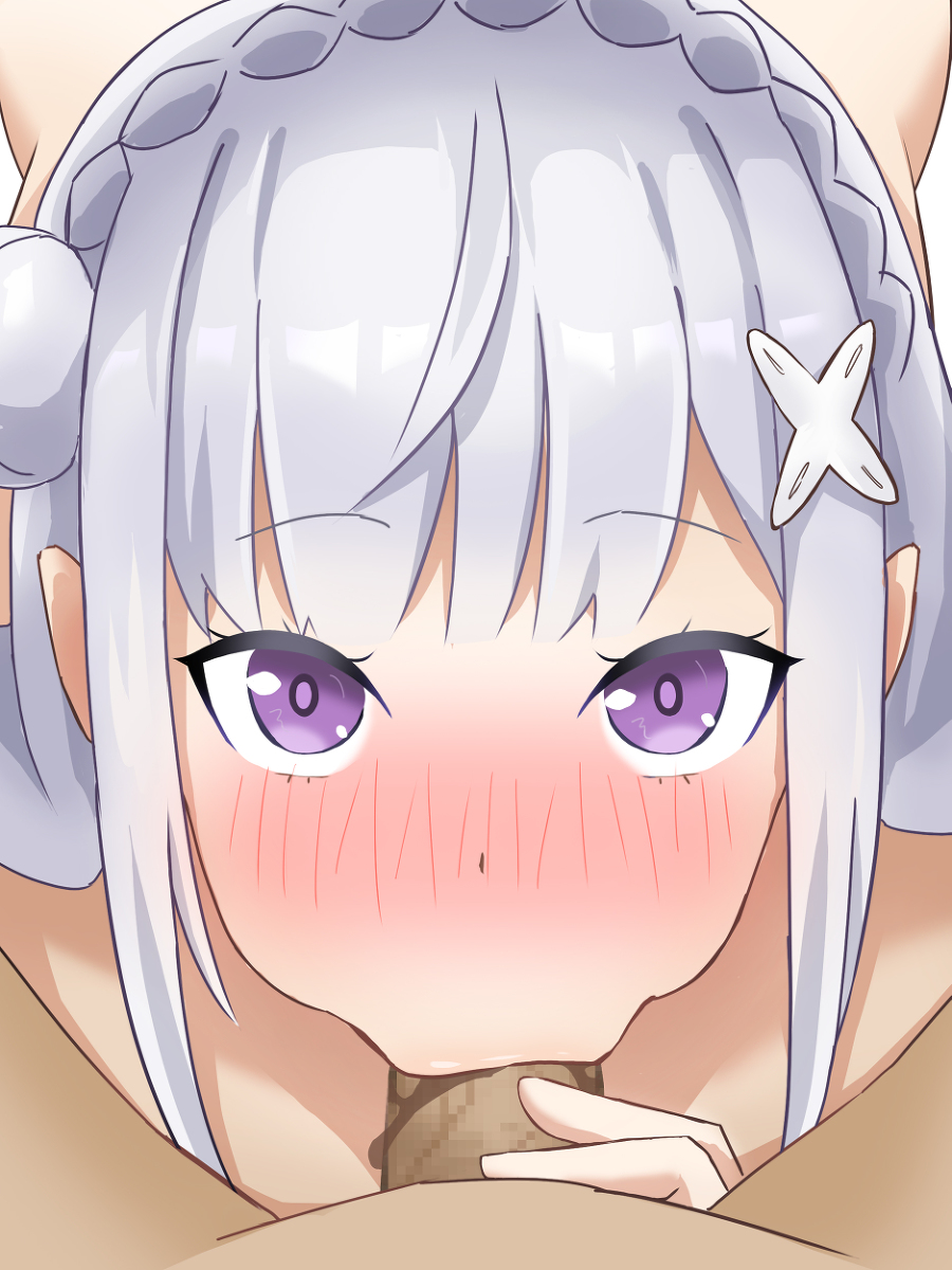 :>= blowjob blowjob_face blowjob_gesture blush blushing_at_viewer braid completely_nude completely_nude_female crown_braid elf elf_ears elf_female elf_girl emilia_(re:zero) eyebrows eyebrows_raised eyebrows_visible_through_hair face_focus fellatio fellatio_face fellatio_gesture female grabbing_penis hair_flower hair_ornament half-elf half_elf hand_on_penis horse_lips long_hair looking_at_viewer looking_up looking_up_at_viewer male_pov nude nude_female open_eyes oral oral_penetration oral_sex penis_in_mouth pointy_ears purple_eyes re:zero_kara_hajimeru_isekai_seikatsu saliva_on_penis silver_hair sucking sucking_penis white_flower white_hair wide_hips x_hair_ornament