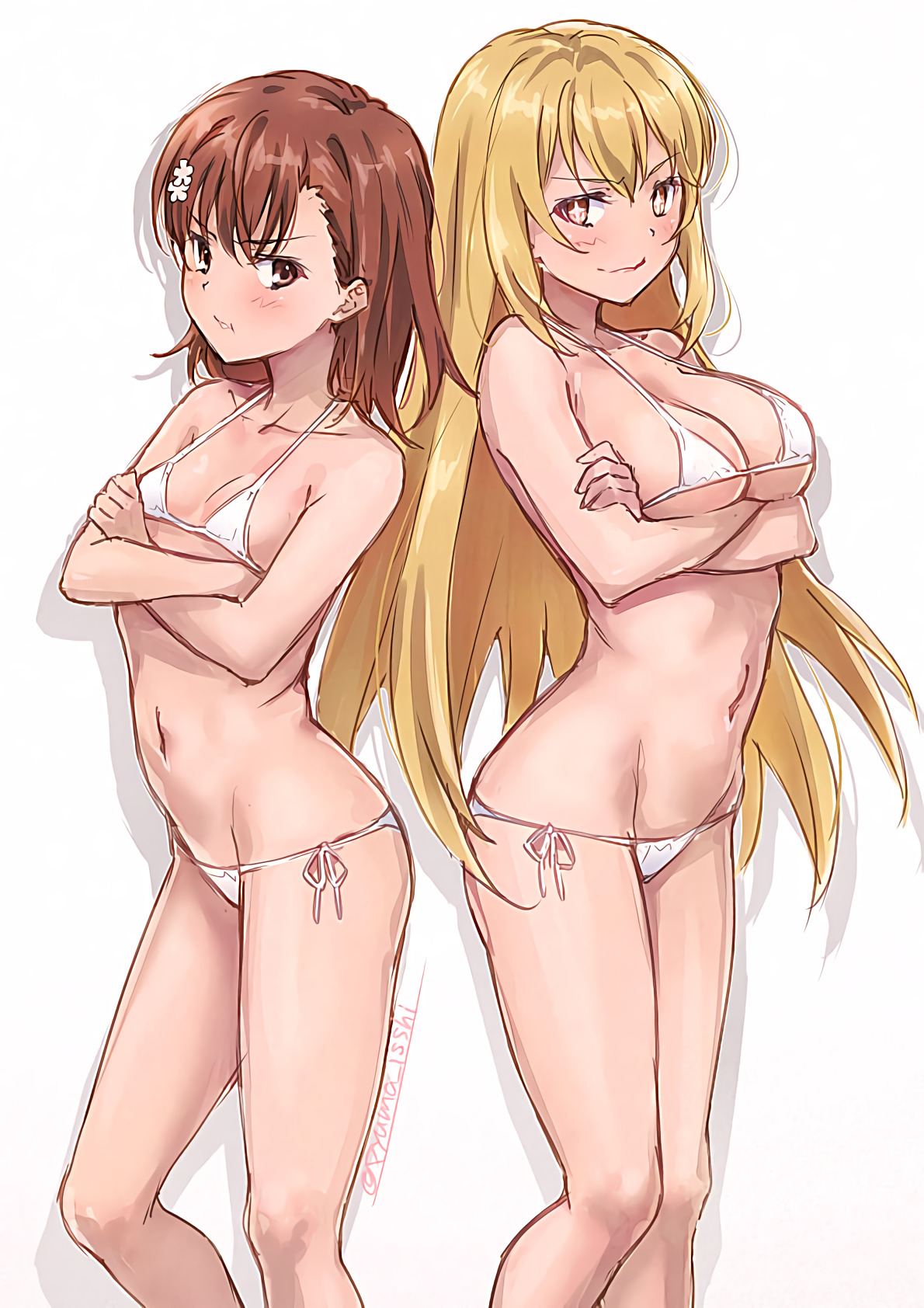+ +, 2020, 2girls, artist name, bangs, bare legs, bare shoulders, bikini, blonde hair, blush, breasts, brown eyes, brown hair, brunette, crossed arms, feet out of frame, female, hair flower, hair ornament, hi res, higher resolution duplicate, isshi pyuma, large breasts, light skin, light-skinned female, long hair, looking at another, misaka mikoto, multiple females, multiple girls, navel, nude, nude female, rivals, shokuhou misaki, short hair, side-tie bikini, sketch, small breasts, standing, swimsuit, teenage female, teenager, to aru kagaku no railgun, to aru majutsu no index, white background, white bikini, yellow eyes, young