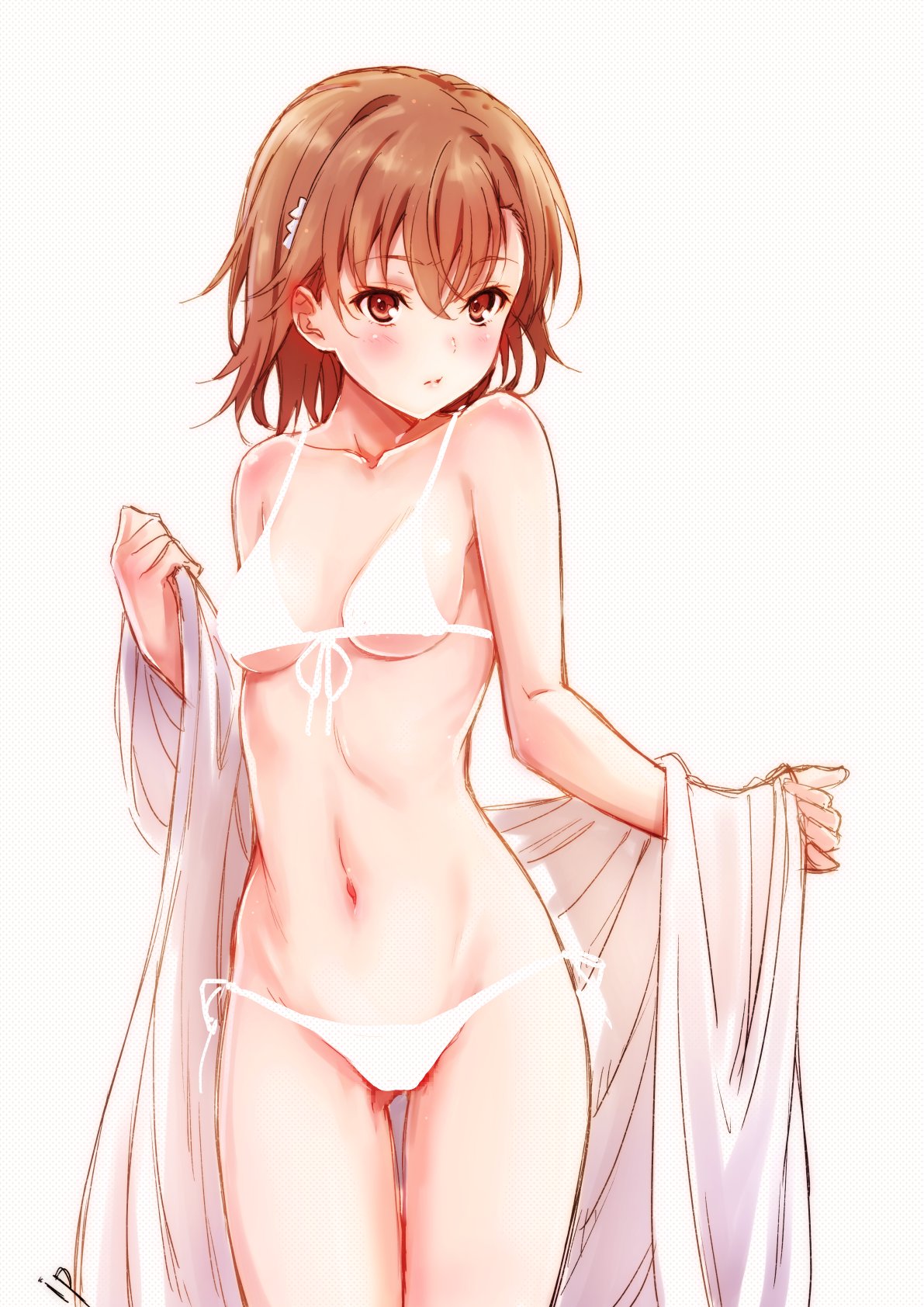 10s, 1girls, 2018, ass visible through thighs, bikini, blush, breasts, brown eyes, brown hair, censored, closed mouth, collarbone, completely nude, eyebrows, eyebrows visible through hair, eyelashes, female, hair between eyes, hi res, isshi pyuma, looking at viewer, misaka mikoto, navel, nude, nude female, short hair, small breasts, solo, solo female, standing, swimsuit, teenage female, teenager, to aru kagaku no railgun, to aru majutsu no index, white background, young