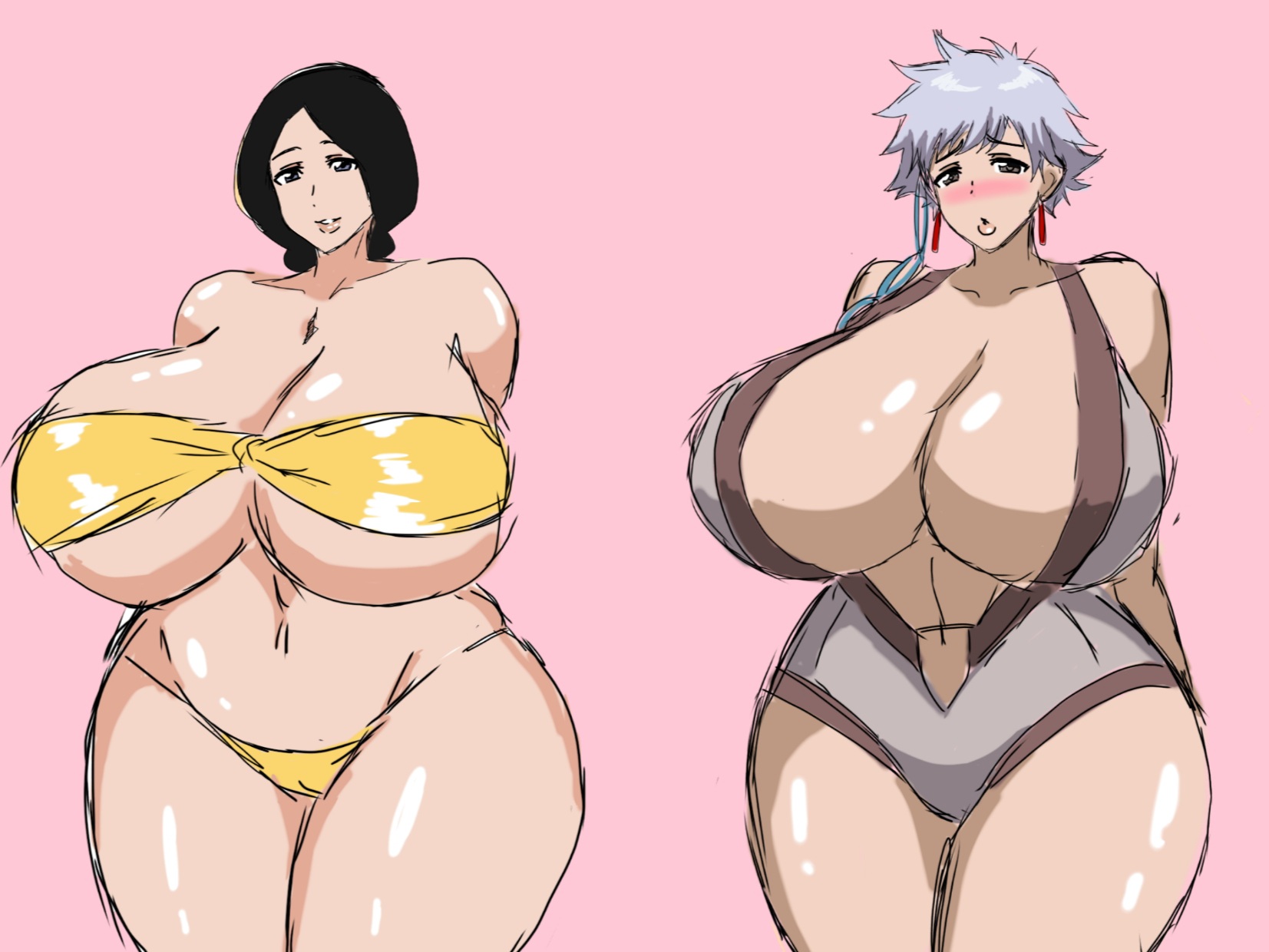 2girls, alternate breast size, bangs, bare shoulders, big breasts, bikini, black hair, bleach, blush, braid, braided hair, breasts, cleavage, clothing, collarbone, curvy, duo, earrings, embarrassed, female, female focus, female only, g-string, gigantic breasts, golden bikini, grey eyes, highres, hips, huge breasts, human, jewelry, kotetsu isane, large breasts, lips, medium hair, micro bikini, milf, momiji (artist), navel, one-piece swimsuit, parted bangs, parted lips, pink background, revealing clothes, scar, shiny skin, short hair, silver hair, simple background, skimpy, smile, strapless, swimsuit, teacher and student, teeth, thick thighs, thighs, thong, underboob, unohana retsu, venus body, voluptuous, wide hips