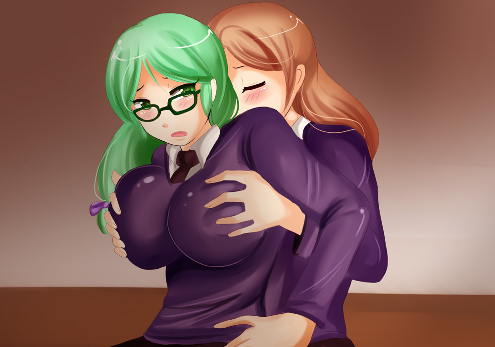 2girls behind_another big_breasts blush breast_grab breast_squeeze breast_squish breasts brown_hair clothed game_cg glasses green_eyes green_hair huge_breasts large_breasts misaki_(plum_tea) plum_(plum_tea) plum_tea saintxtail school_uniform schoolgirl yuri