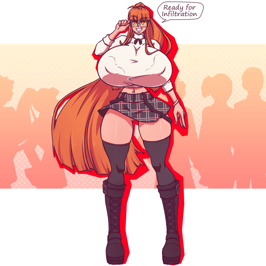 1girls 2022 big_breasts boots breasts breasts_bigger_than_head color female female_only glasses huge_breasts hyper_breasts l long_hair n647 nipple_bulge orange_hair persona persona_5 sakura_futaba school_uniform smile solo speech_bubble text thighhighs thin_waist voluptuous wide_hips yellow_eyes