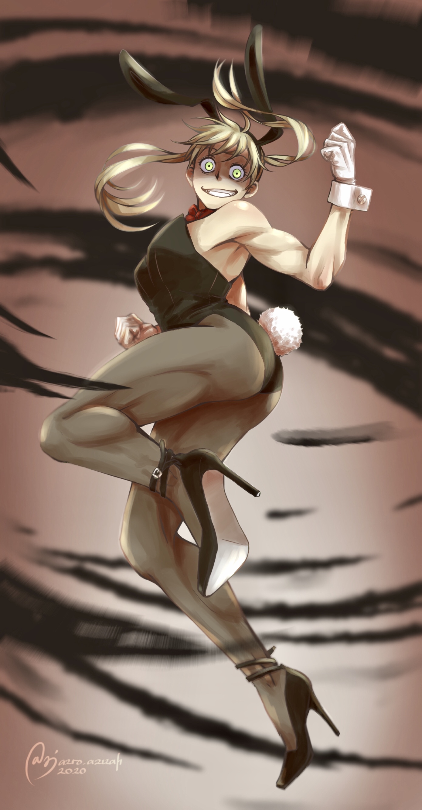 1girls, 2020, 2022, 2d, 2d (artwork), action pose, artist name, ass, azroaziah, blonde female, bunny ears, bunnysuit, clothed, clothed female, crazy eyes, dated, female, female only, female protagonist, fully clothed, gloves, glowing eyes, green eyes, heels, human, human female, human only, jumping, legs, light skin, light-skinned female, looking at viewer, maka albarn, midair, muscular, muscular female, muscular thighs, no sex, questionable, solo, solo female, soul eater, teenage female, teenager, waltzforzi