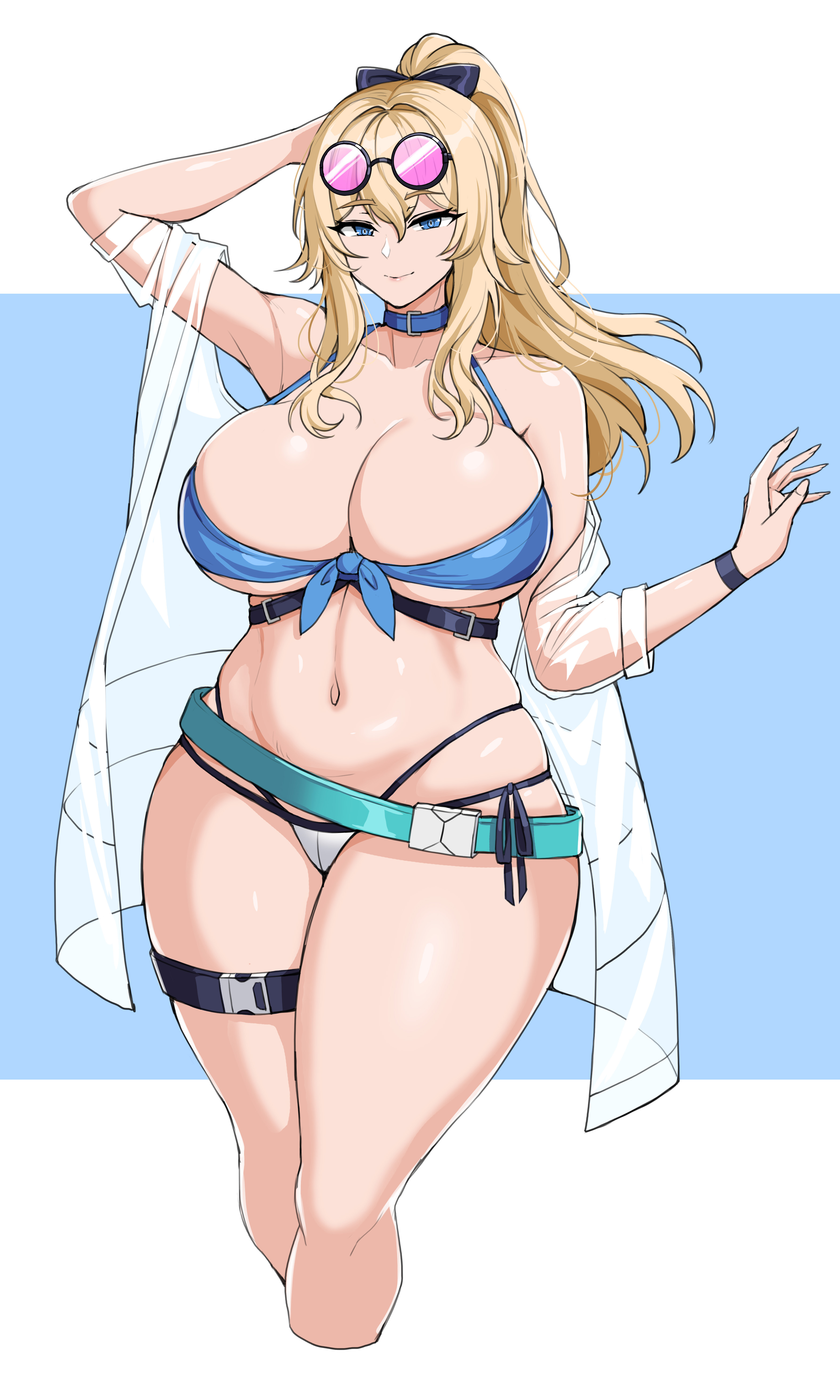 1girls, big breasts, bikini, blonde hair, blue eyes, breasts, curvy, drogod (artist), female, female only, genshin impact, glasses, glasses on head, hair ribbon, hi res, highres, jean gunnhildr, large breasts, long hair, looking at viewer, midriff, navel, side-tie bikini, solo, solo female, swimsuit, thick, thick thighs, thighs, voluptuous, wide hips