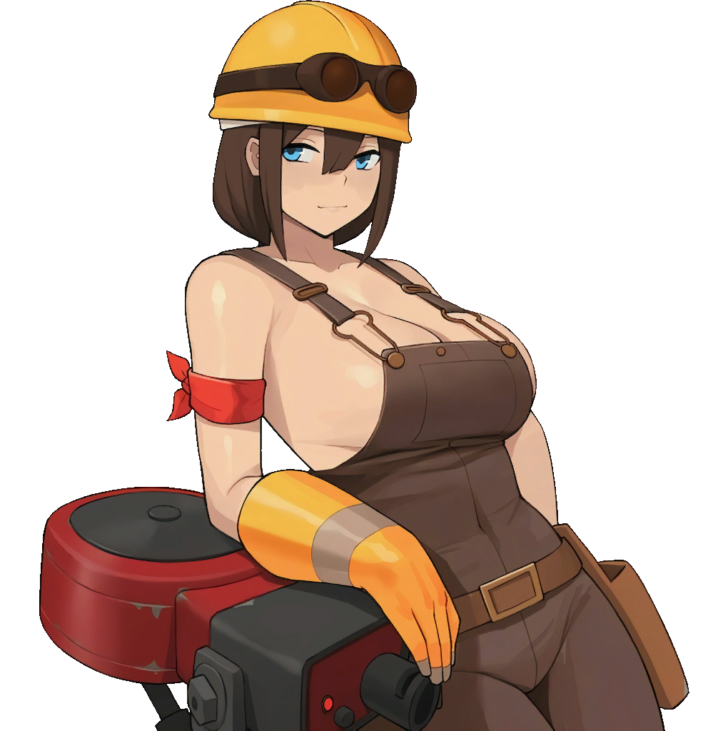 1girls blue_eyes brown_hair donburikazoku engineer_(team_fortress_2) female female_only femengineer gloves goggles helmet looking_sideways no_bra sentry_(team_fortress_2) tagme team_fortress_2 yellow_helmet