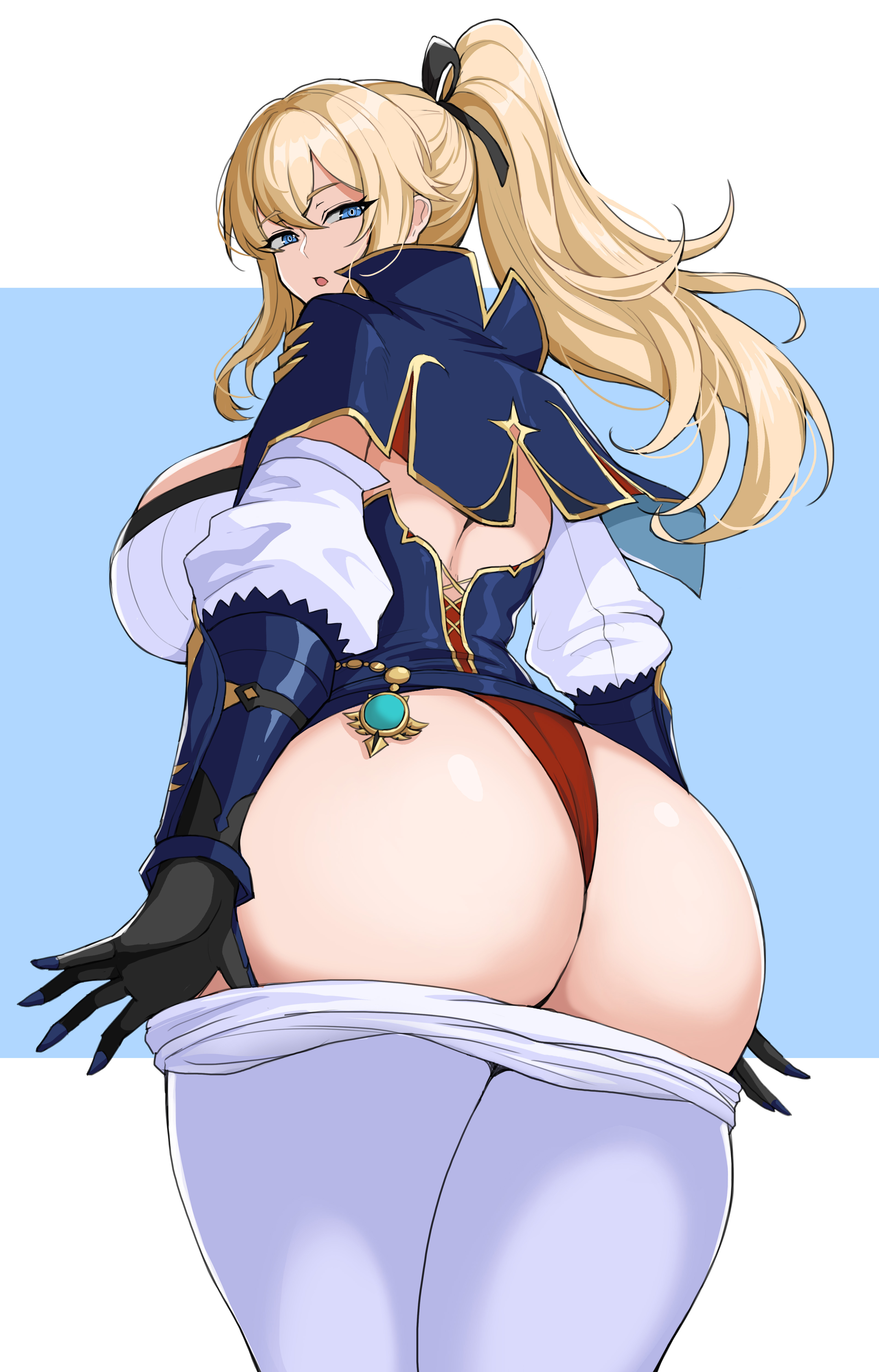 1girls, ass, back view, big ass, big breasts, big butt, blonde hair, blue eyes, breasts, bubble ass, bubble butt, caked up, cheesecake, curvy, drogod (artist), fat ass, female, female only, genshin impact, hi res, highres, huge breasts, jean gunnhildr, large ass, large breasts, long hair, looking at viewer, looking back, panties, pants down, ponytail, solo, solo female, thick, thick ass, thick thighs, voluptuous