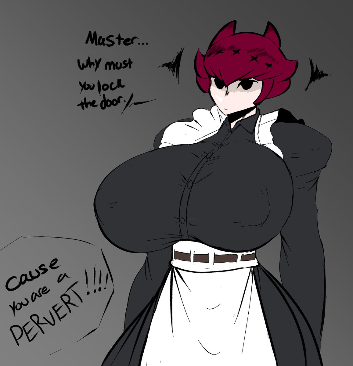 1girls, big breasts, black clothing, black eyes, breast focus, breasts, clothed, clothing, dialogue, duo, emotionless, female, hourglass figure, large breasts, maid, mob face, nipple bulge, offscreen character, pervert, puffy areola, puffy nipples, red hair, repomorame, simple background, simple eyes, tagme, venus body, white clothing, wide hips