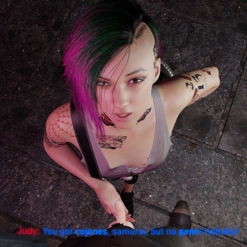 1boy 1girls 3d canon_lesbian cyberpunk_2077 dialogue english_text hispanic judy_alvarez lesbian ponkosfm pov sfm small_penis small_penis_humiliation