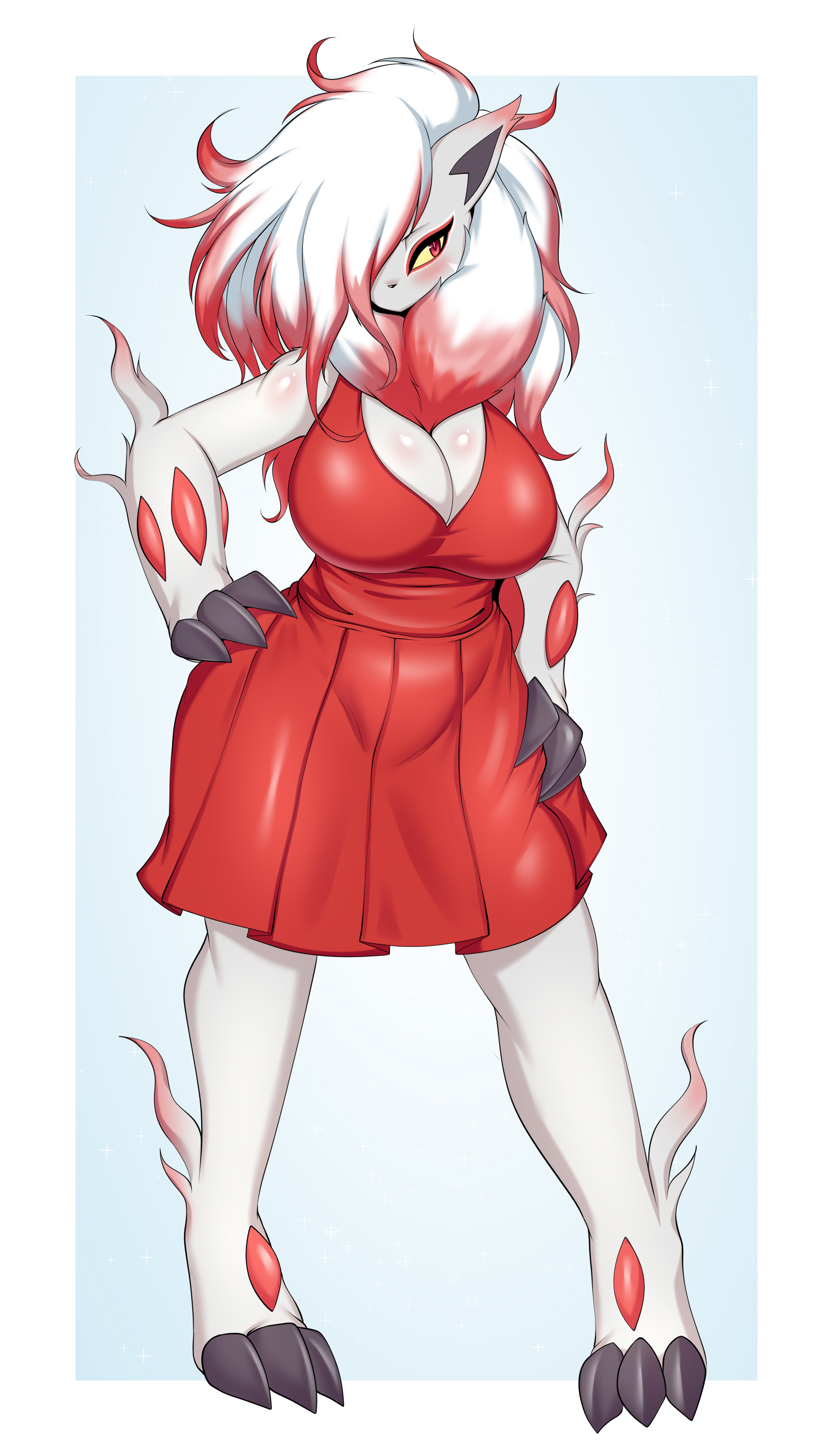 anthro, anthrofied, big breasts, blush, breasts, cleavage, clothed, clothing, female, female only, full body, fur, furry, furry only, hair over one eye, hi res, hisuian zoroark, large breasts, nintendo, pokémon (species), pokemon, pokemon (species), pokemon legends: arceus, regional form (pokemon), solo, standing, tagme, tailzkim, thick thighs, zoroark