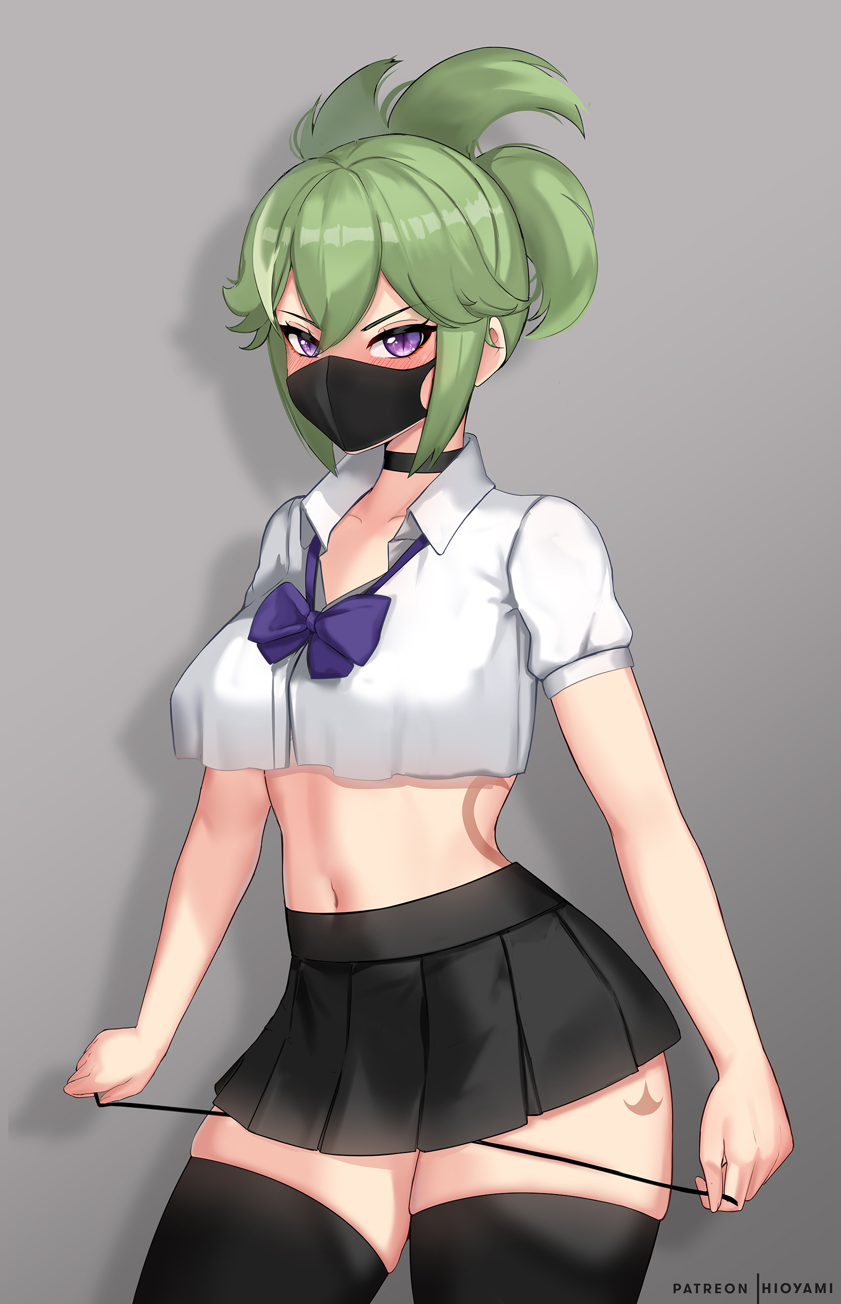 1girls, female, genshin impact, green hair, hioyami, kuki shinobu, looking at viewer, navel, panties down, purple eyes, school uniform, thighhighs