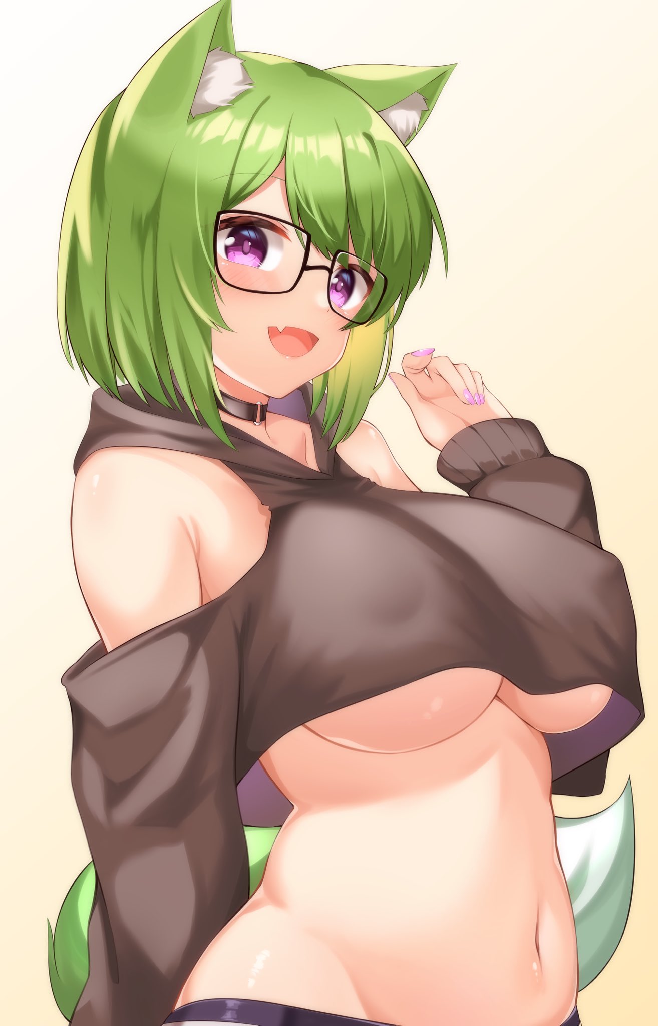 animal ear fluff, animal ears, bangs, bare shoulders, black-framed eyewear, blush, borrowed character, breasts, brown sweater, cat ears, choker, clothing cutout, covered nipples, crop top, cropped hoodie, eyebrows visible through hair, female, fox tail, glasses, green hair, highres, hood, hoodie, large breasts, looking at viewer, megane (tyoko tanuki), nail polish, navel, no bra, o-ring, o-ring choker, oerba yun fang, original, pink nails, purple eyes, short hair, shoulder cutout, skin fang, solo, stomach, sweater, tail, underboob, viet (yomi0556)