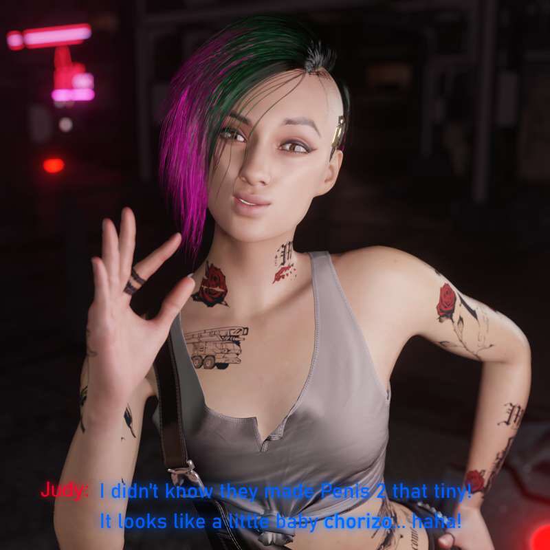 1girls 3d cd_projekt_red cyberpunk_2077 dialogue english_text female female_only judy_alvarez lesbian pinching_gesture ponkosfm pov sfm small_penis_humiliation solo