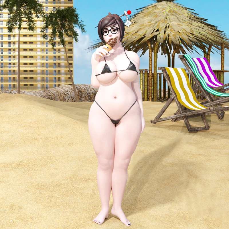 1girls, 3d, artist request, beach, bikini, black nails, chubby, eyewear, female, female only, fingernails, glasses, ice cream, mei (overwatch), nail polish, overwatch, toenail polish, toenails