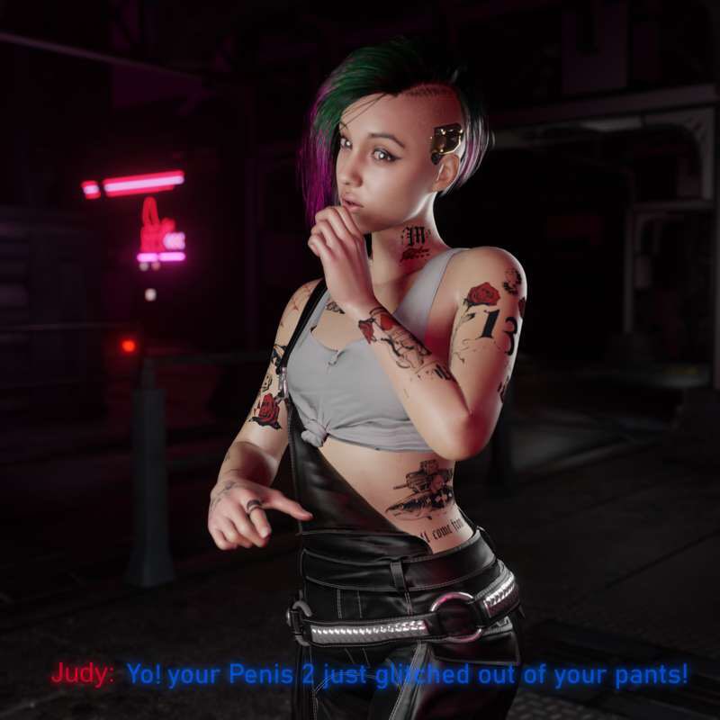 1girls 3d cd_projekt_red cyberpunk_2077 dialogue english_text female female_only glitch judy_alvarez ponkosfm pov small_penis_humiliation solo