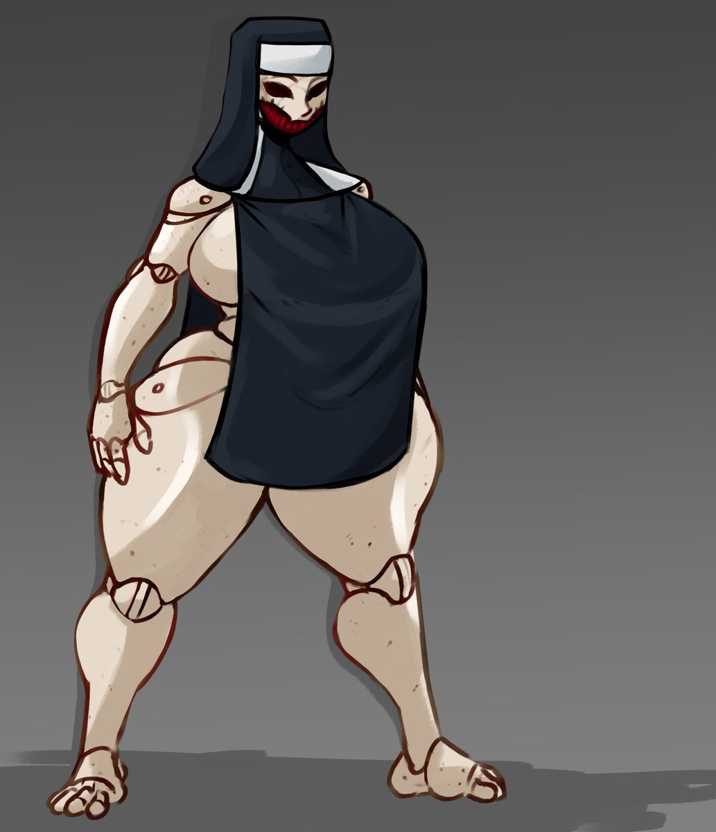 1girls, big breasts, bottomless, breasts, doll, doll joints, exposed muscle, female, female focus, female only, huge breasts, legs apart, living doll, long legs, monster, monster girl, muscles, nightmare waifu, nun, repomorame, sideboob, thick thighs