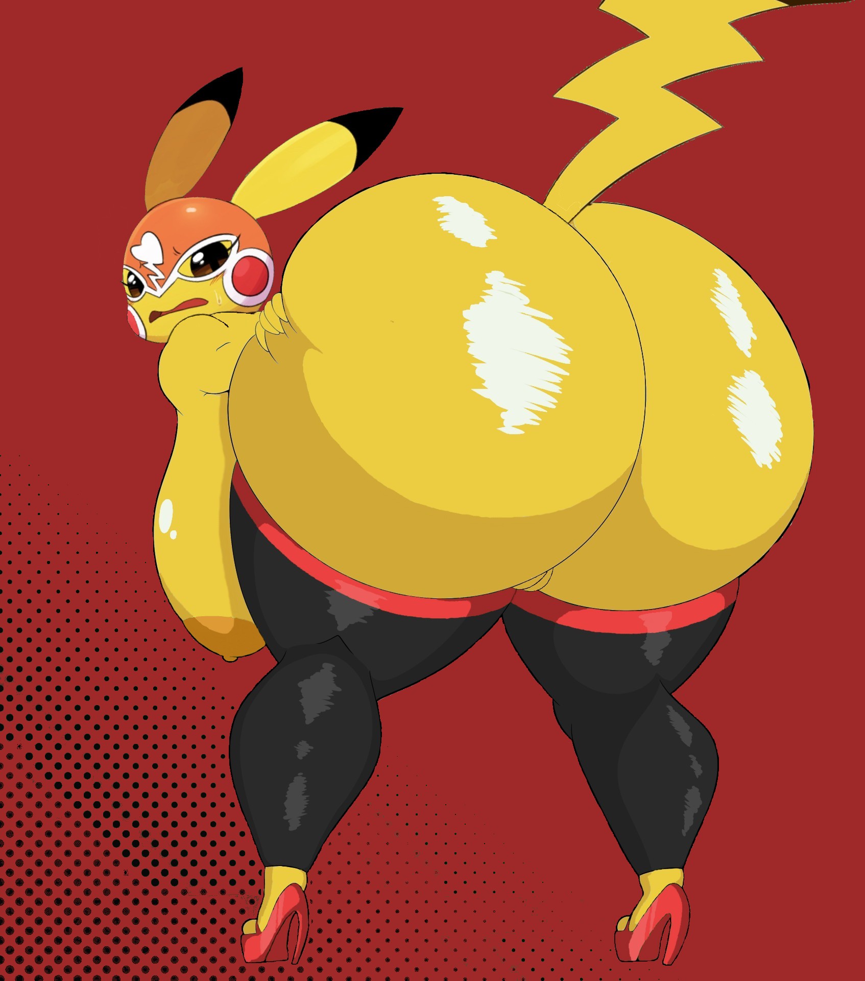 anthro, ass, big ass, big breasts, breasts, cosplay pikachu, edit, female, female focus, female only, hexami, huge ass, nervous, nipples, pikachu, pikachu libre, pokémon (species), pokemon, pokemon (species), presenting hindquarters, presenting pussy, pussy, tagme, tail, yellow body, yellow fur