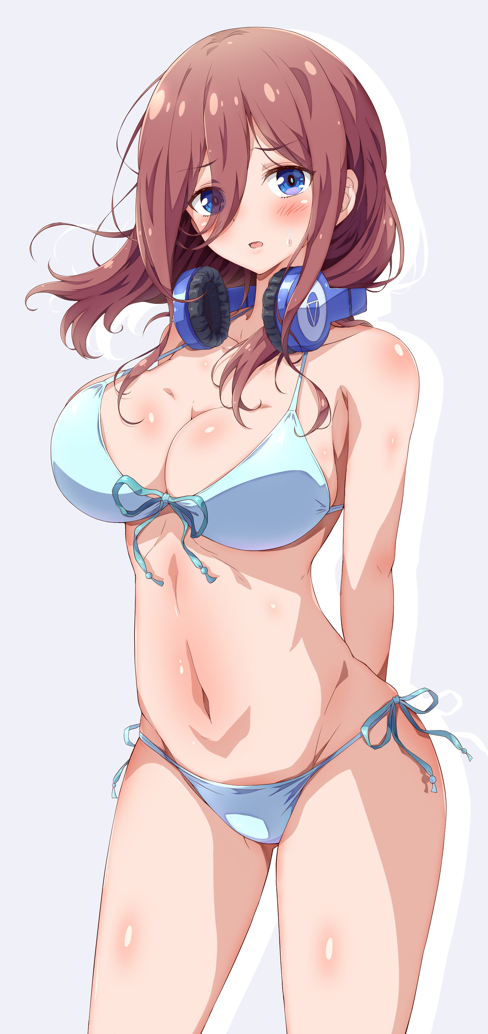 1girls, absurdres, arms behind back, bikini, blue bikini, blue eyes, blush, bondage, breasts, collarbone, eggman (ni tamagoex), eyebrows visible through hair, eyes visible through hair, female, go-toubun no hanayome, grey background, hair between eyes, headphones, headphones around neck, highres, large breasts, looking at viewer, medium hair, nakano miku, navel, open mouth, red hair, side-tie bikini, simple background, solo, standing, stomach, swimsuit, thighs
