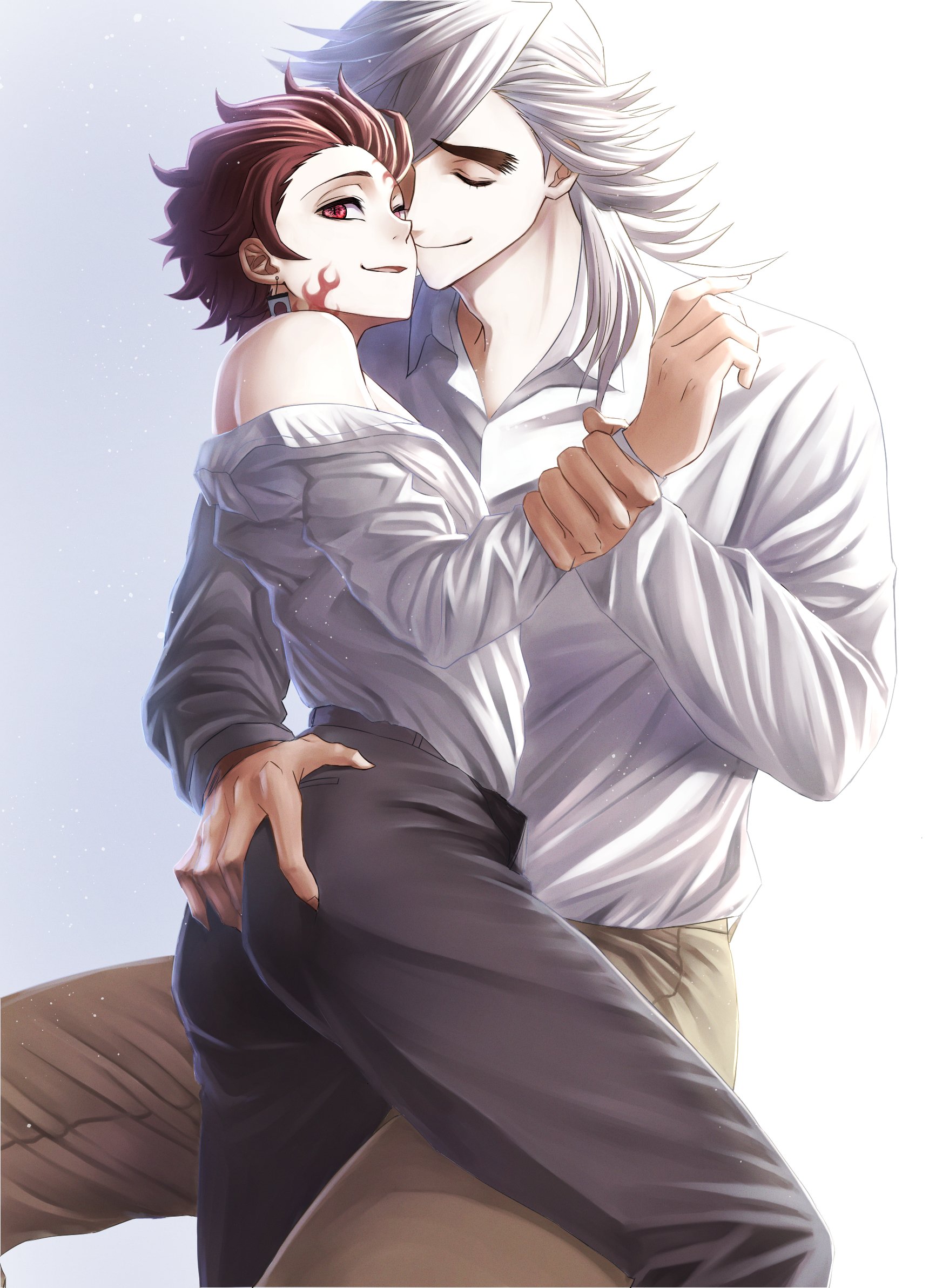 2boys, age difference, alternate costume, arm grab, ass, ass grab, brown hair, closed eyes, corruption, demon, demon boy, demon slayer, douma, facial markings, fully clothed, gay, hand on ass, kamado tanjirou, kimetsu no yaiba, looking at viewer, looking back, male, male only, off shoulder, red eyes, rmfwb, sitting, smile, spiky hair, thick eyebrows, white hair, wrist grab, yaoi