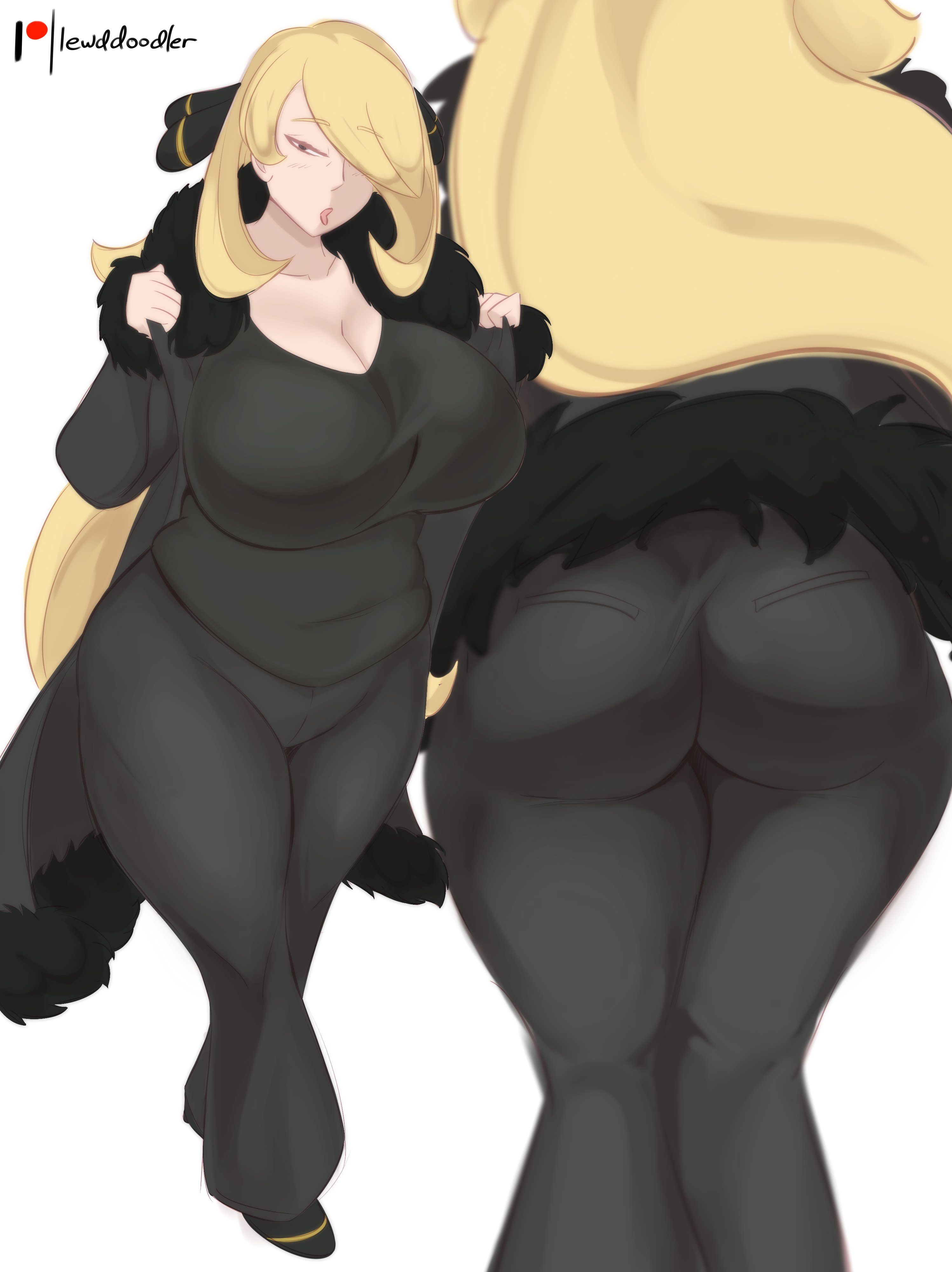1girls, alternate breast size, ass, big ass, big breasts, blonde hair, breasts, busty, chubby, cleavage, clothing, cynthia (pokemon), fat ass, female, female only, half-closed eyes, huge ass, huge breasts, jacket, lewddoodler, long hair, looking at viewer, milf, pants, plump, pokemon, shirt, simple background, slightly chubby, solo, thick thighs, wide hips