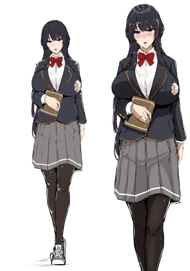 1girls black_hair blush female female_focus female_only full_body gravity_zero27 huge_breasts large_breasts leggings long_hair looking_at_viewer mole_under_mouth open_mouth purple_eyes school_uniform schoolgirl shoes skirt sole_female tagme tights zerogura