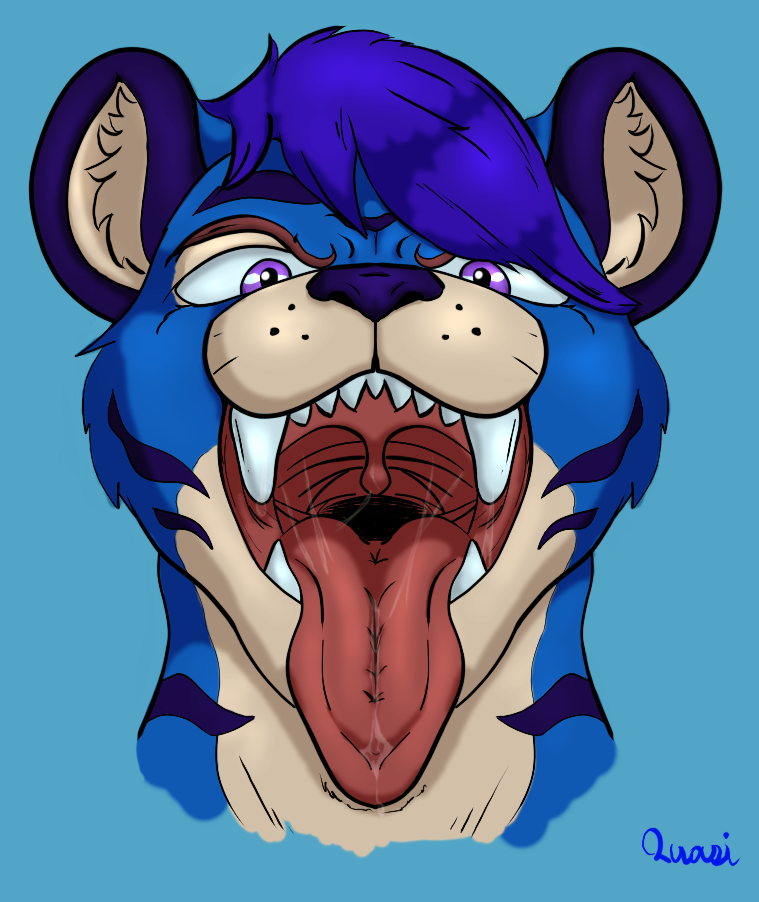 anthro blue_body blue_fur bodily_fluids canine_teeth fangs felid fur imminent_vore male male_only mammal mouth_shot open_mouth pantherine purple_eyes quasi_(warlus) saliva saliva_string solo tiger tongue tongue_out warlus