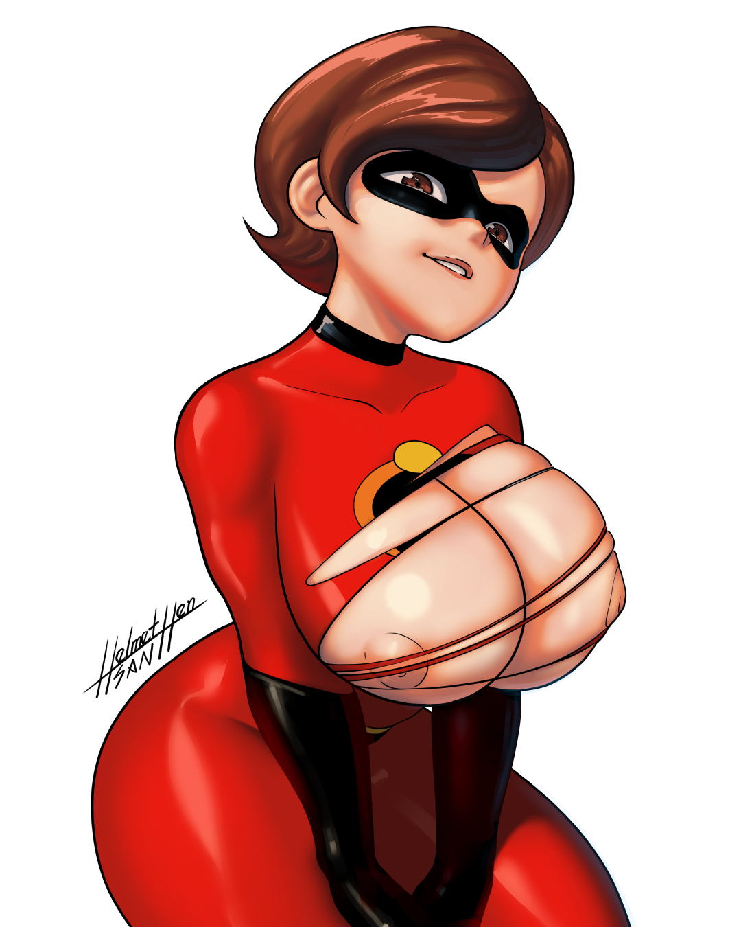 breasts, busty, disney, elastigirl, female, female focus, female only, helen parr, helmet hensan, hourglass figure, milf, nipples, pinup, pinup pose, pixar, ripped bodysuit, ripped clothing, smooth skin, solo, superheroine, tagme, the incredibles, wardrobe malfunction, wide hips