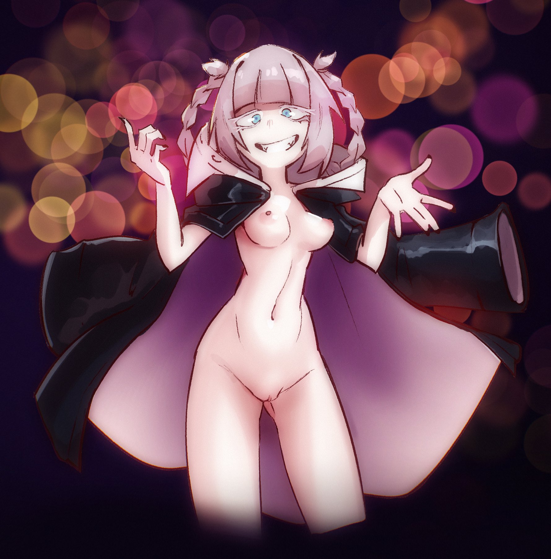 1girls, blue eyes, call of the night, coat, female, javehorny, looking at viewer, nanakusa nazuna, outside, partially clothed, smile, solo, standing, vampire, white hair, yofukashi no uta