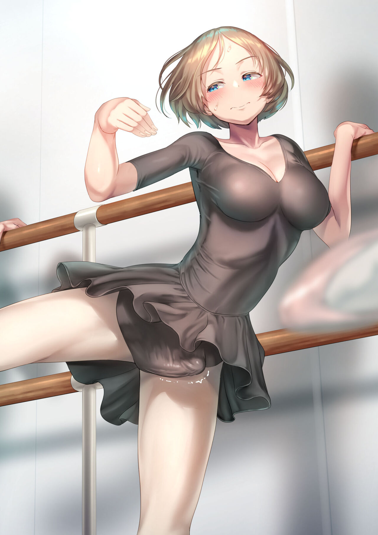 1futa, ayanakitori, ballerina, ballet, big breasts, big penis, blonde hair, blue eyes, blush, breasts, bulge, cameltail, clothed, clothing, dickgirl, dress, erection, erection in panties, erection under clothes, erection under skirt, fully clothed, futa only, futa sans balls, futanari, human, intersex, leg up, light skin, light-skinned futa, panties, panty bulge, penis, penis bulge, penis in panties, penis under clothes, penis under skirt, short hair, skirt, skirt lift, solo, standing, sweat, tenting, upskirt