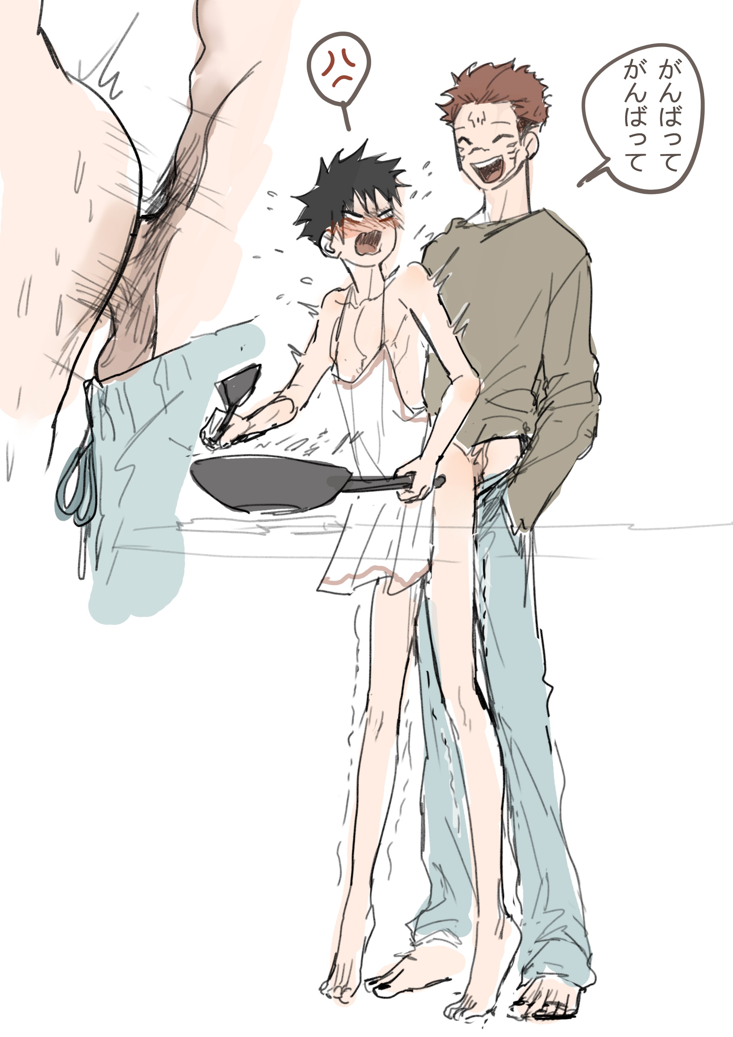 140wwwei, 2boys, anal, anal sex, anger vein, angry, annoyed, apron, ass, balls, barefoot, blush, closed eyes, cooking, frying pan, fushiguro megumi, gay, hand in pocket, happy, height difference, jujutsu kaisen, male, male focus, male only, male penetrating male, male/male, multiple boys, multiple males, naked apron, pants, penis, ryoumen sukuna (jujutsu kaisen), sex, shirt, smile, speech bubble, spoken anger vein, standing, standing sex, testicles, tiptoes, translation request, trembling, twink, yaoi