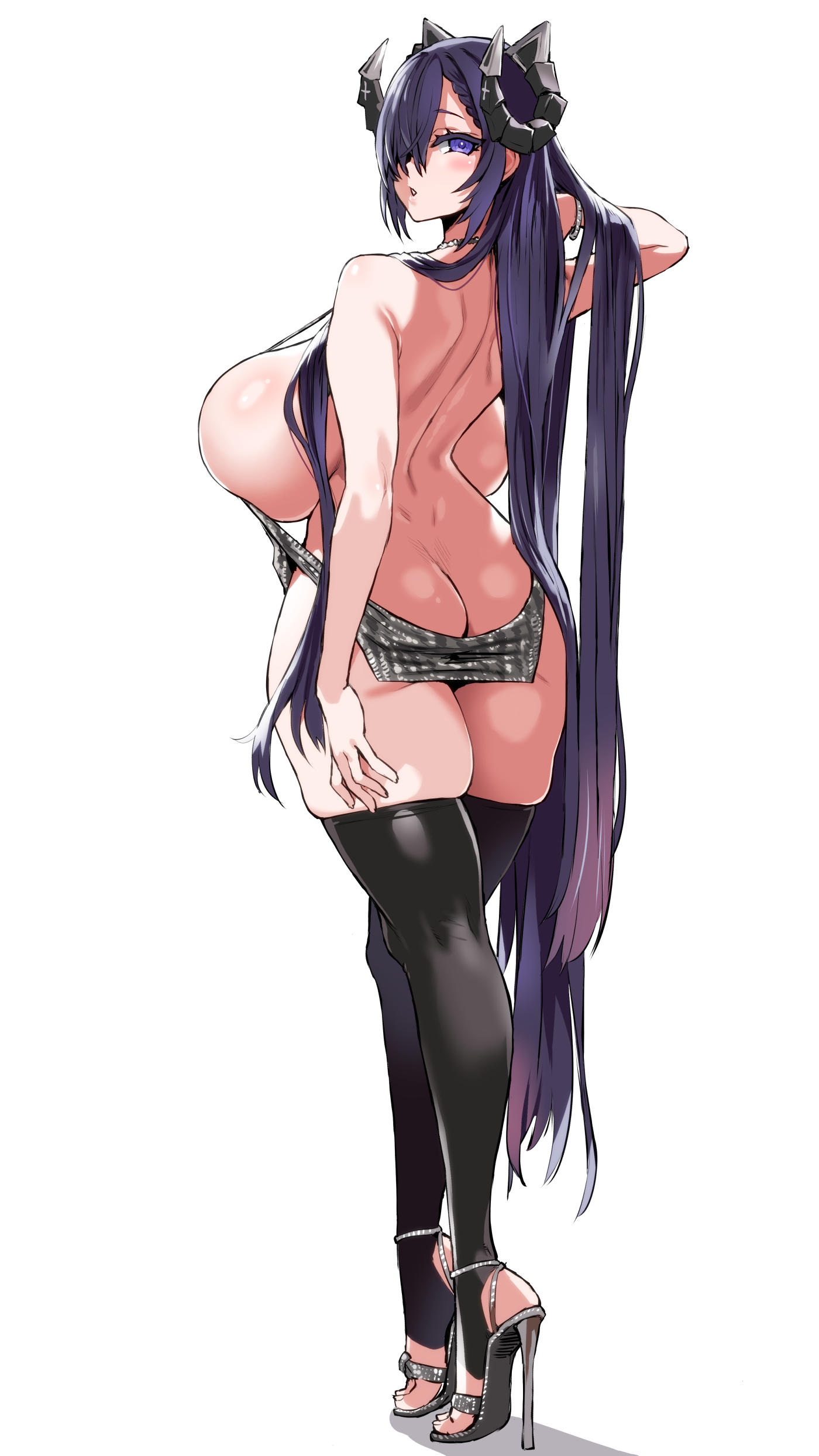 1girls, absurdres, asanagi, ass, ass cleavage, ass crack, august von parseval (azur lane), azur lane, back, backless dress, backless outfit, bangs, bare back, bare shoulders, big ass, big boobs, big breasts, big butt, black legwear, blush, breasts, butt crack, curled horns, dress, female, female only, from behind, full body, hair between eyes, hair over one eye, high heels, highres, horns, huge breasts, long hair, looking at viewer, looking back, mechanical horns, open toe shoes, purple eyes, purple hair, revealing clothes, shoes, sideboob, simple background, solo, standing, thighhighs, thighs, very long hair, white background