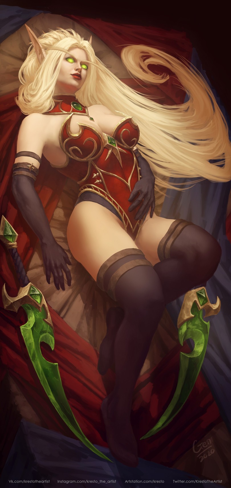 arm_length_gloves blizzard_entertainment blonde_hair blood_elf elf elf_ears female green_eyes kresto kresto_the_artist laying_down leggings long_hair valeera_sanguinar world_of_warcraft