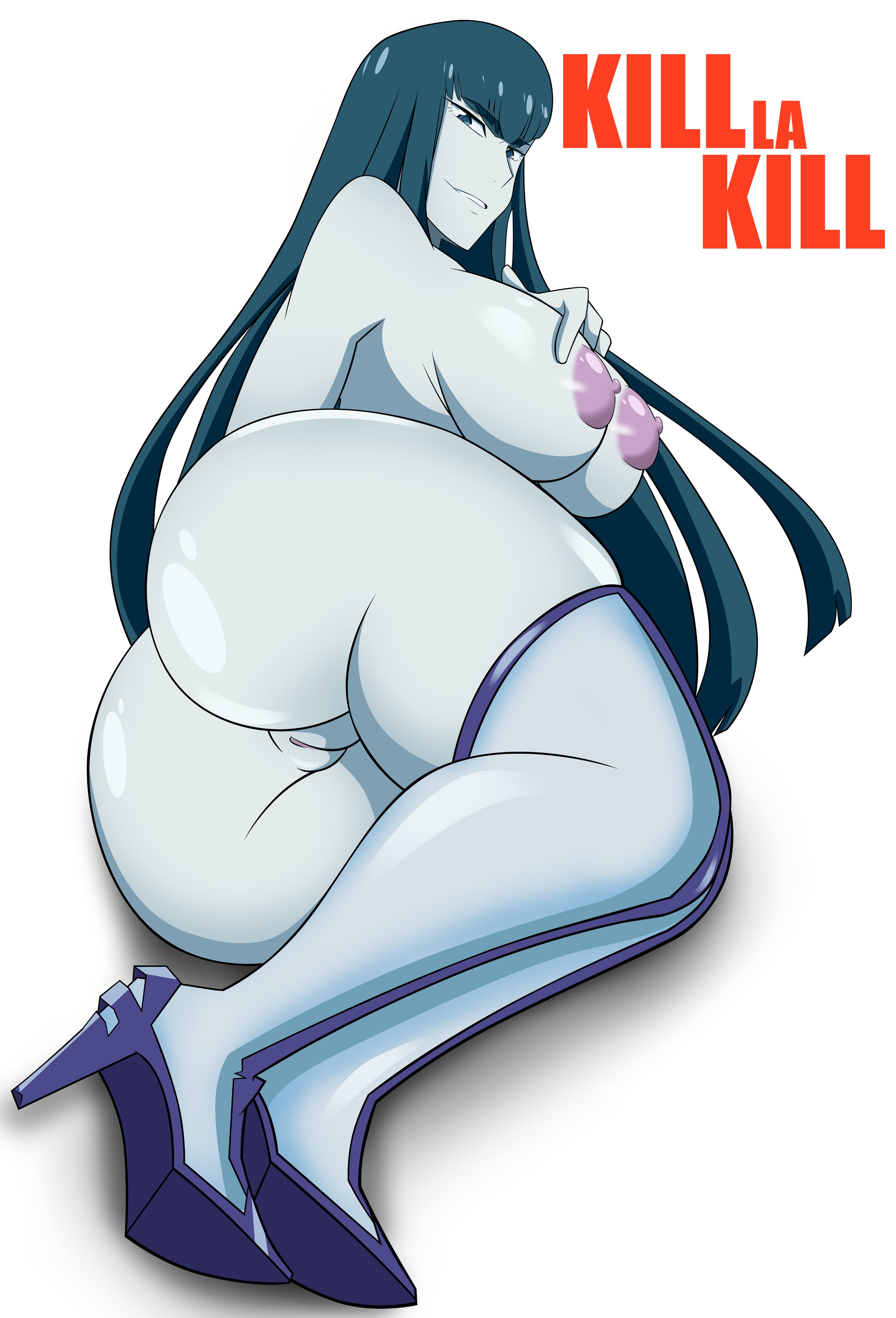 1girls, alternate version at source, alternate version available, asian, asian female, ass, big ass, big breasts, big butt, big nipples, black hair, blank background, blue eyes, breasts, female, full body, grimphantom, hand on breast, human, human only, kill la kill, kiryuuin satsuki, long hair, looking at viewer, nipples, on side, pussy, pussy peek, smile, smiley face, solo, stockings, thigh high heels, uncensored, vagina