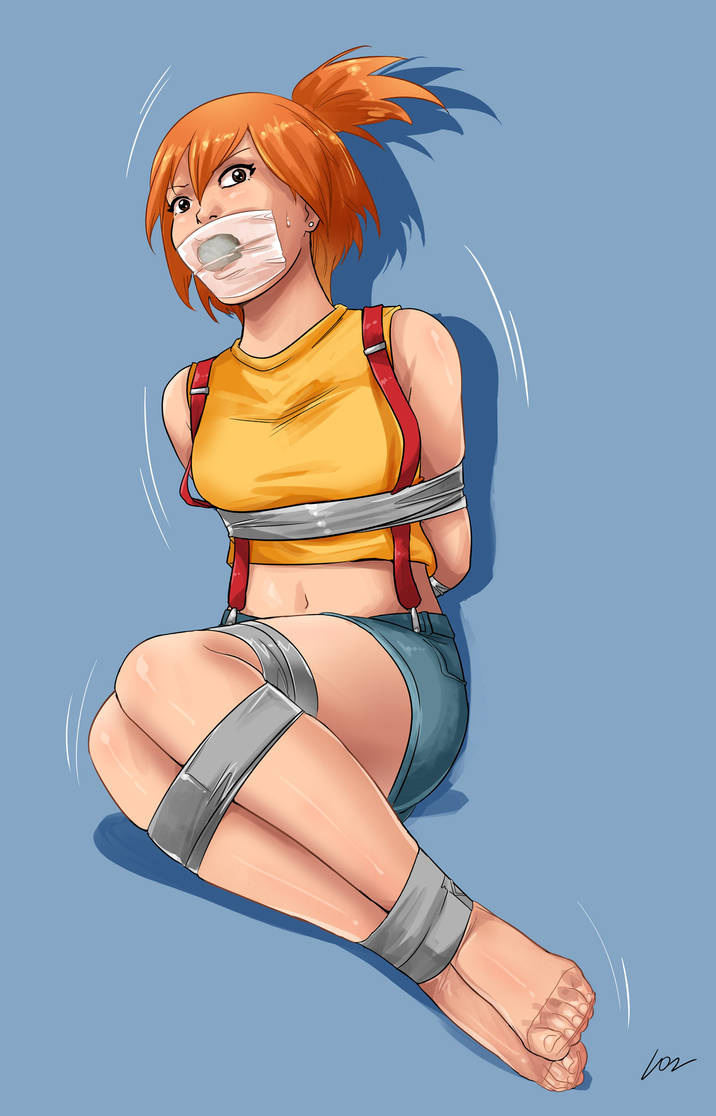 1girls abstract_background bondage breasts_between_suspenders brown_eyes denim_skirt feet gag looking_at_viewer lostonezero misty_(pokemon) orange_hair orange_topwear pantyhose pokemon redhead short_shorts stuff_gag suspenders sweat tape_bondage tape_gag taped_arms taped_legs taped_mouth toenails toes