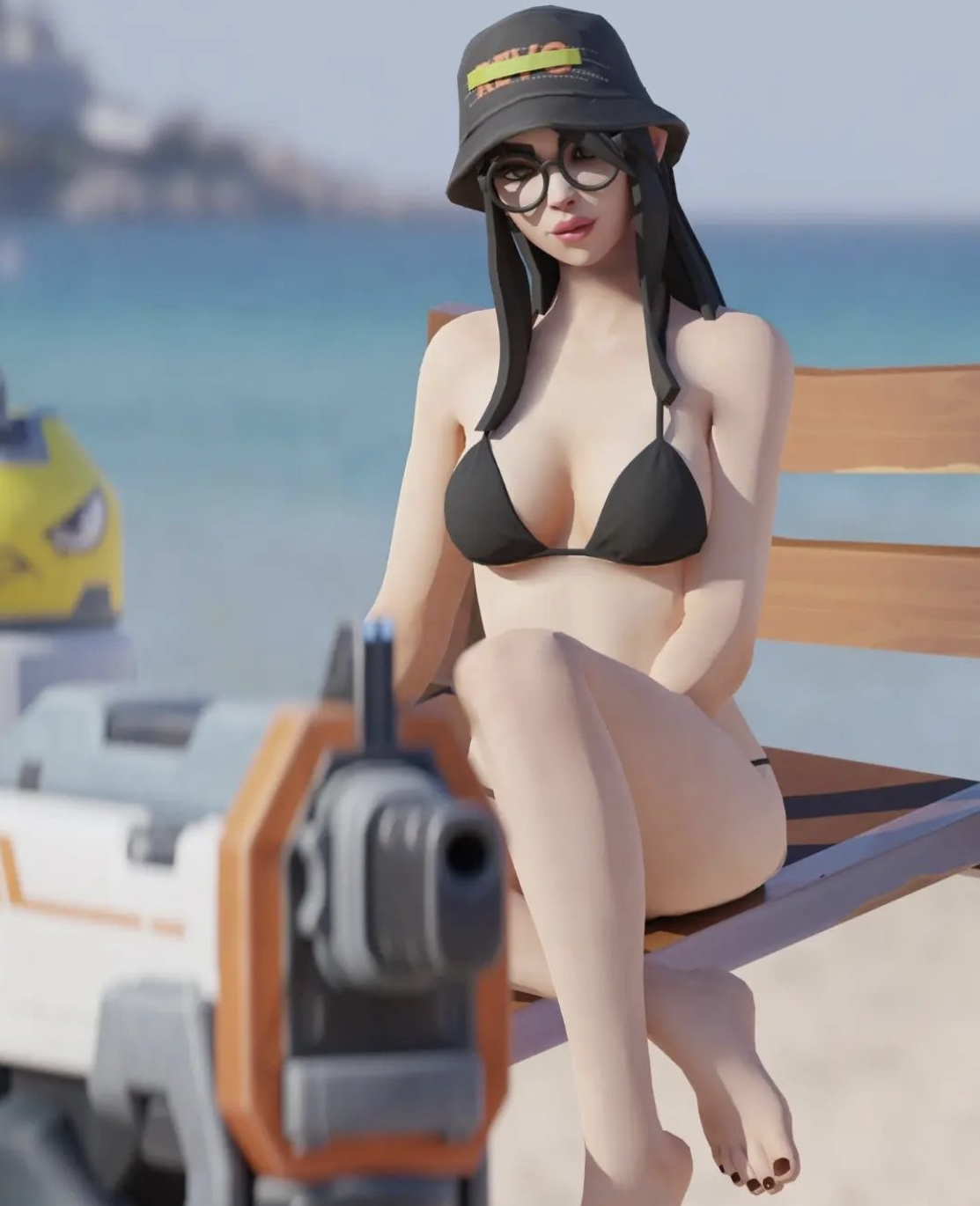 beach, bikini, breasts, feet, female, glasses, hat, killjoy (valorant), looking at viewer, tagme, toes, valorant