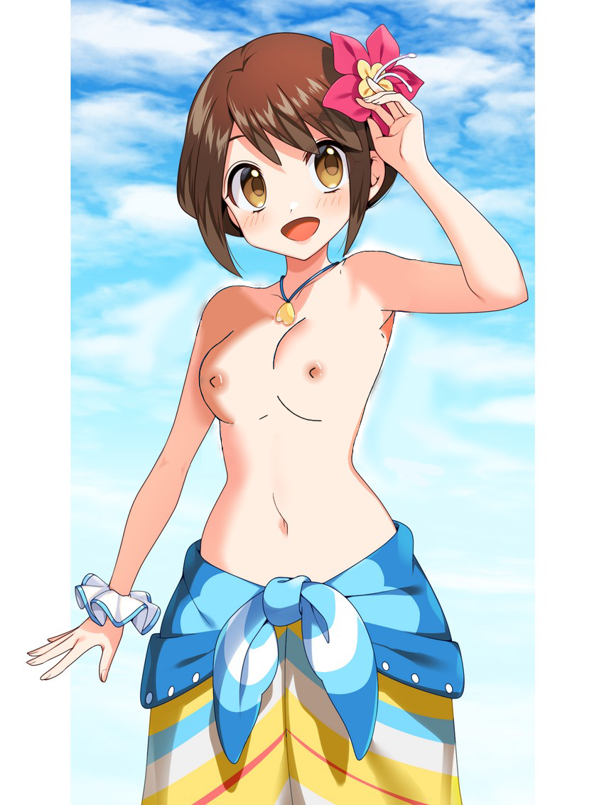 1girls blush breasts brown_eyes brown_hair exposed_breasts gloria_(pokemon) nintendo nipples partially_clothed pokemon pokemon_masters pokemon_ss summer_gloria_(pokemon_masters) swimsuit yuihico