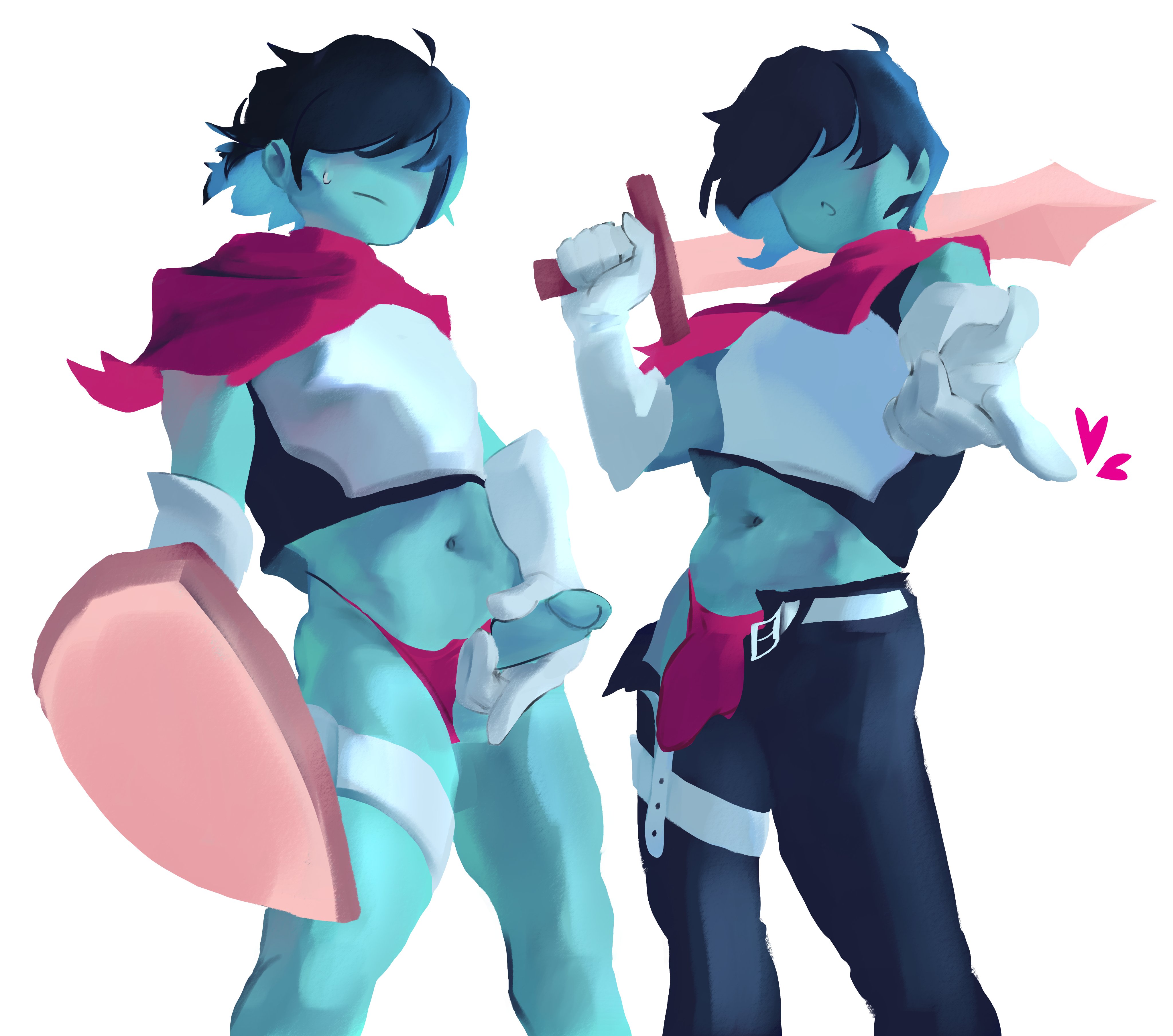 2d, 2koma, bangs over eyes, belt, bottomless, bulge, cock, deltarune, full body, gay, gay male, hair over eyes, hi res, high resolution, highres, knight, kris (deltarune), looking at viewer, male, male only, onehimbo, penis, pointing, pointing at viewer, shield, solo, solo focus, solo male, sword, tagme, teasing, teasing viewer, twink, yaoi